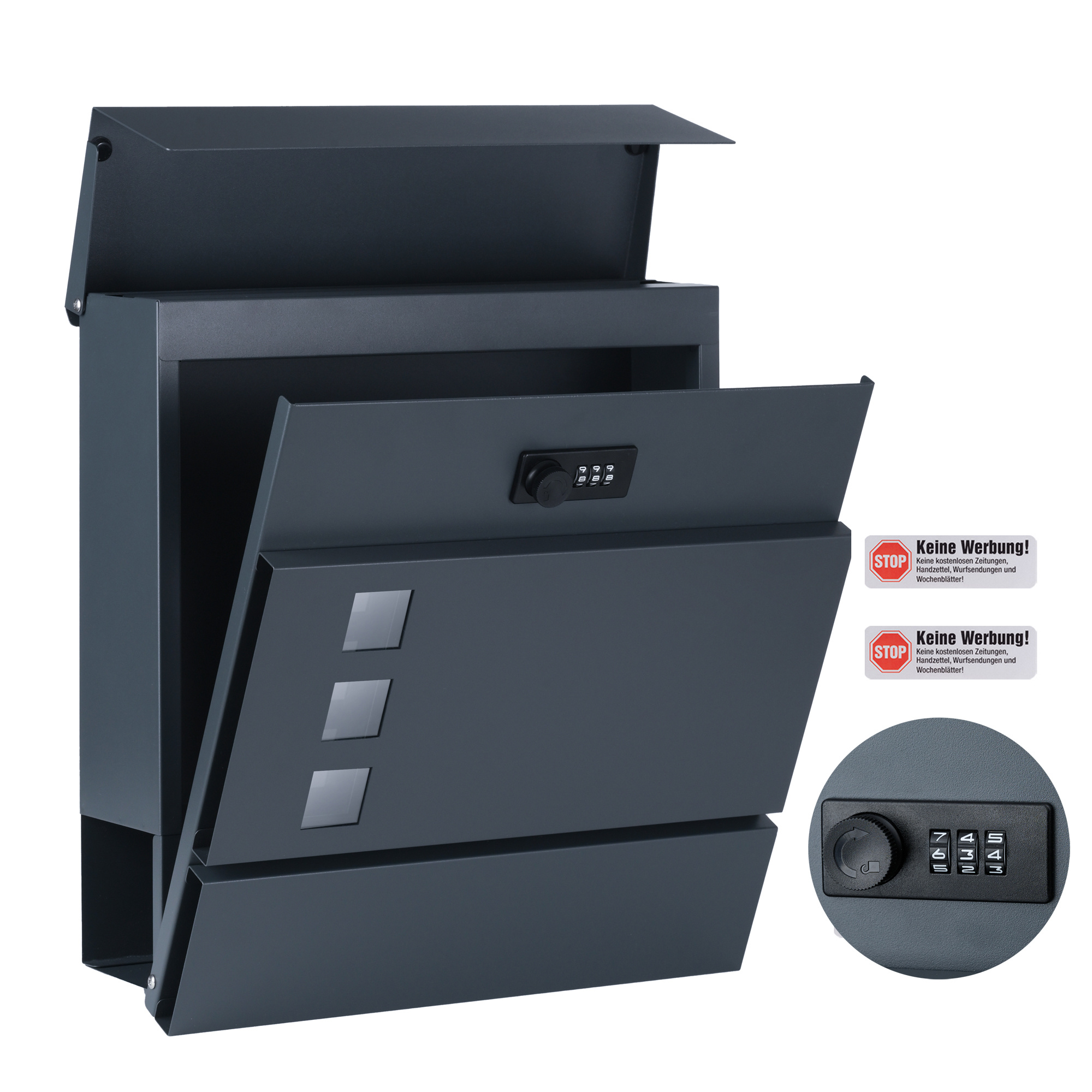 Mailbox With Stainless Steel Nameplate, Wall-mounted Mailbox With Combination Lock, With Newspaper Compartment, , 10 X 31 X 33 Cm