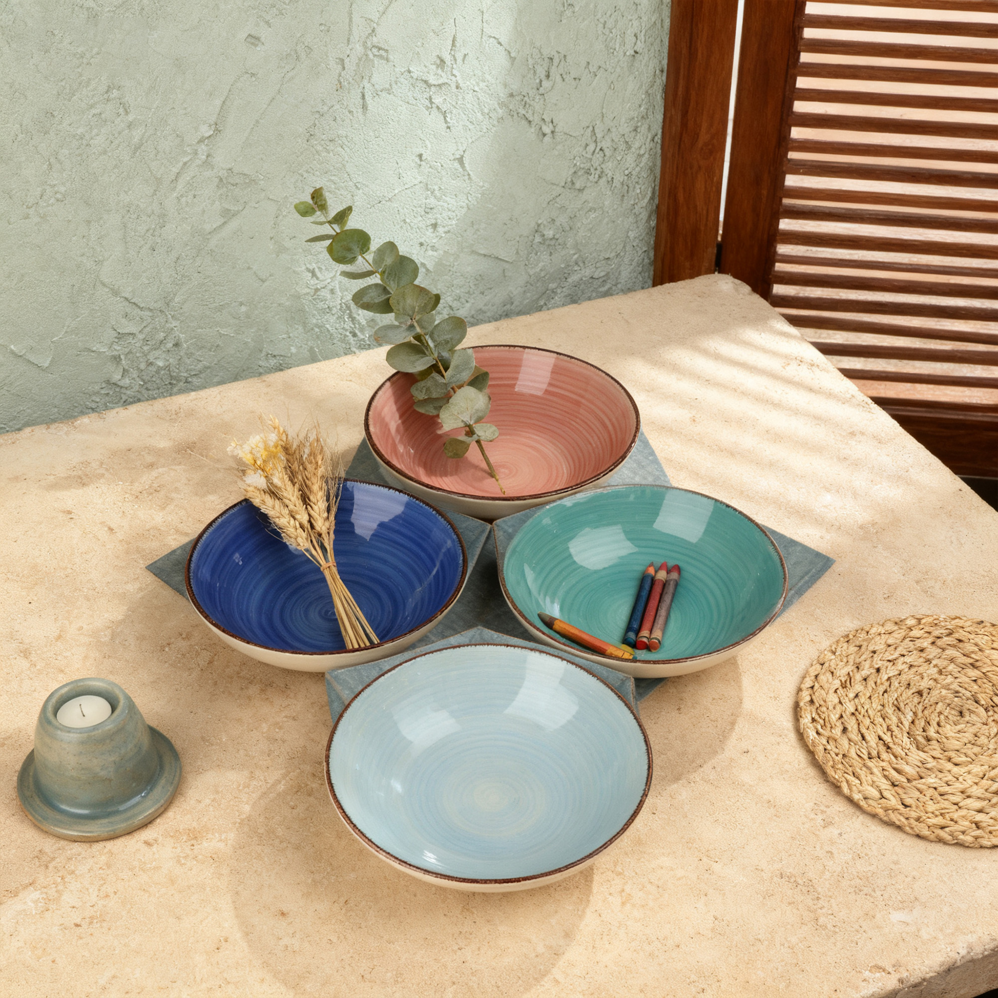 TEMU Family - Juego de 4 Cuencos de 18 cm – Cerámica de Calidad en Colores Diferentes con Artesanal Pintado a – Resistentes, Elegantes y Versátiles