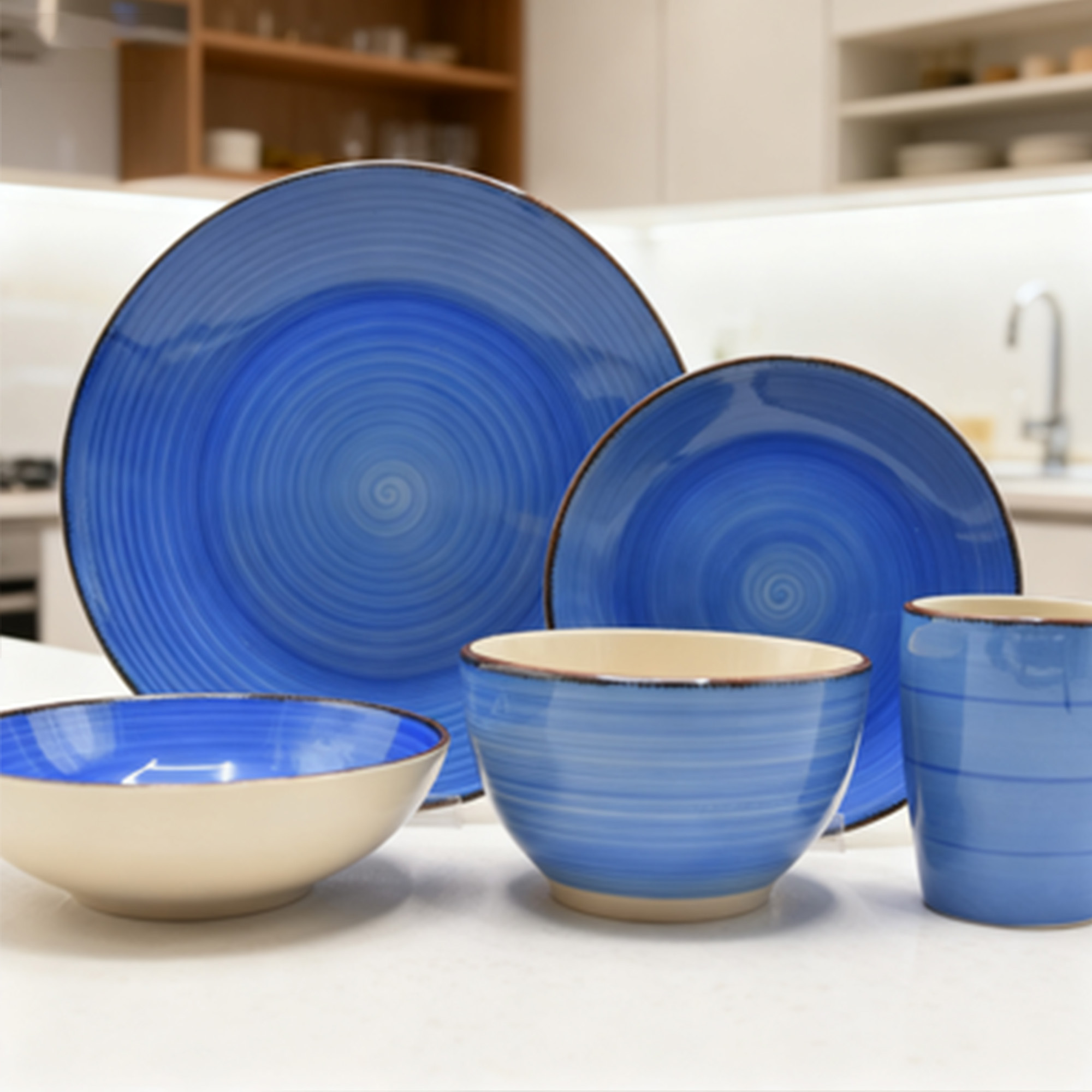 TEMU Family - Juego de Vajilla de 5 Piezas – 2 Platos y 2 Cuencos de Cerámica Azul con Taza 360 ml – Diseño Moderno, Elegante y Resistente para Uso