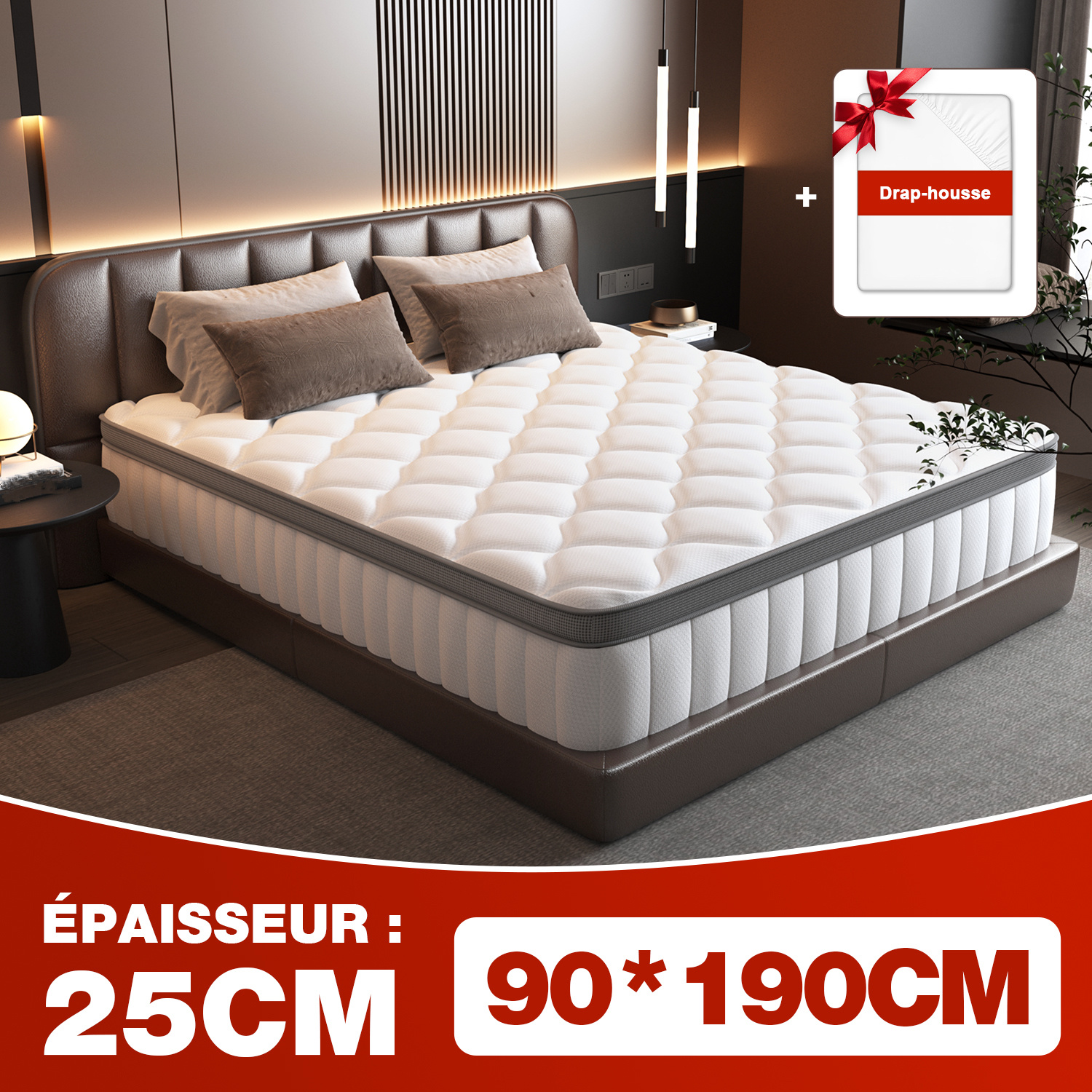 TEMU Matelas Ressort 90x190cm Épaisseur 25cm, Avec Housse De Matelas, 7 Zones