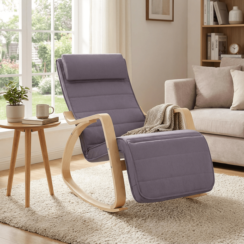 Image of Rocking Chair With Armrests, For Bedroom, Living Room, Adjustable Footrest, Supports Up To 150 Kg, Light Grey- Rocking Chair