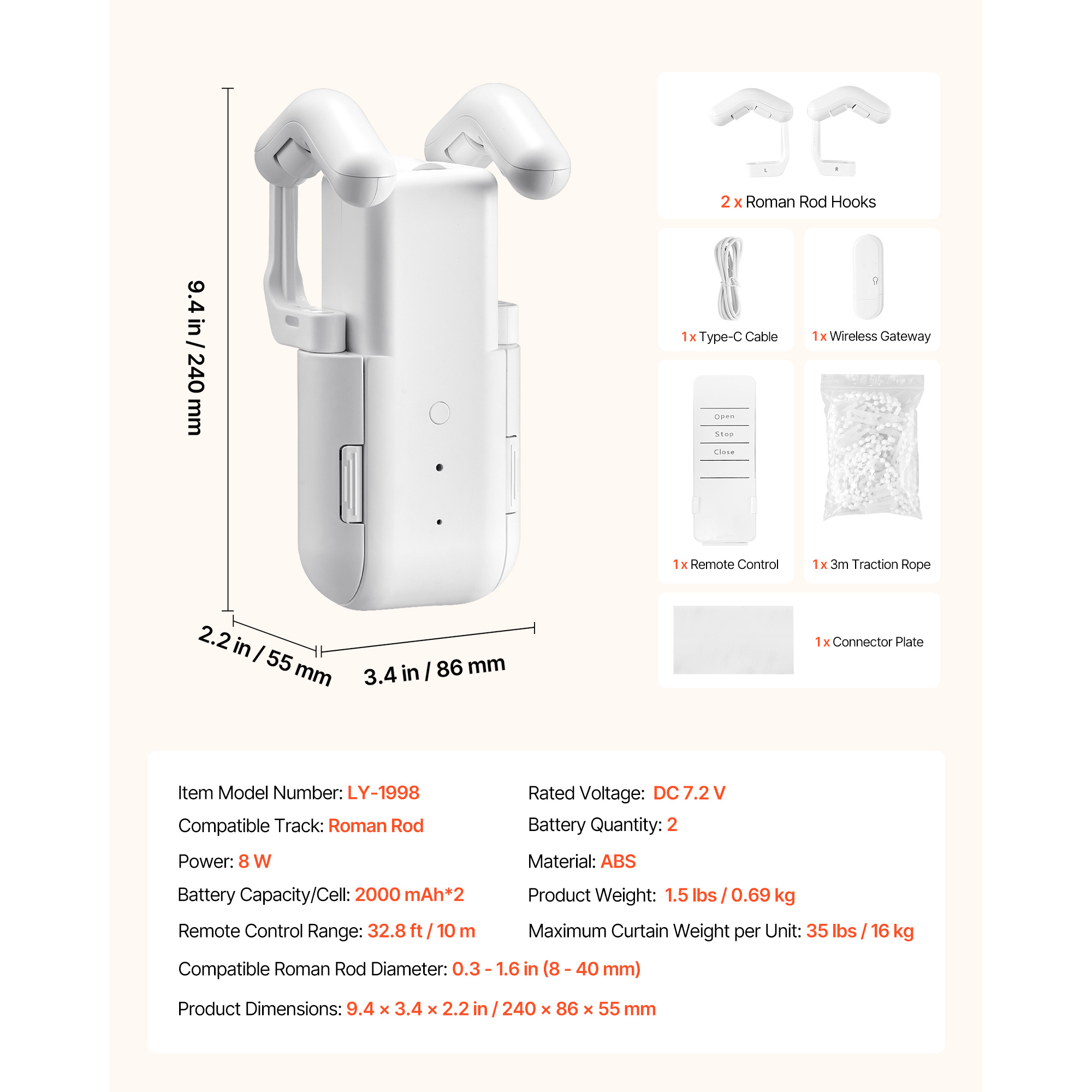 VEVOR Deschizător Automat de Perdele, Control prin Aplicație și Telecomandă, Hub Inclus, Deschizător Electric Inteligent Compatibil cu Alexa și Google Home, Deschidere și Închidere Programată, Mod Silențios, pentru Tije Romane