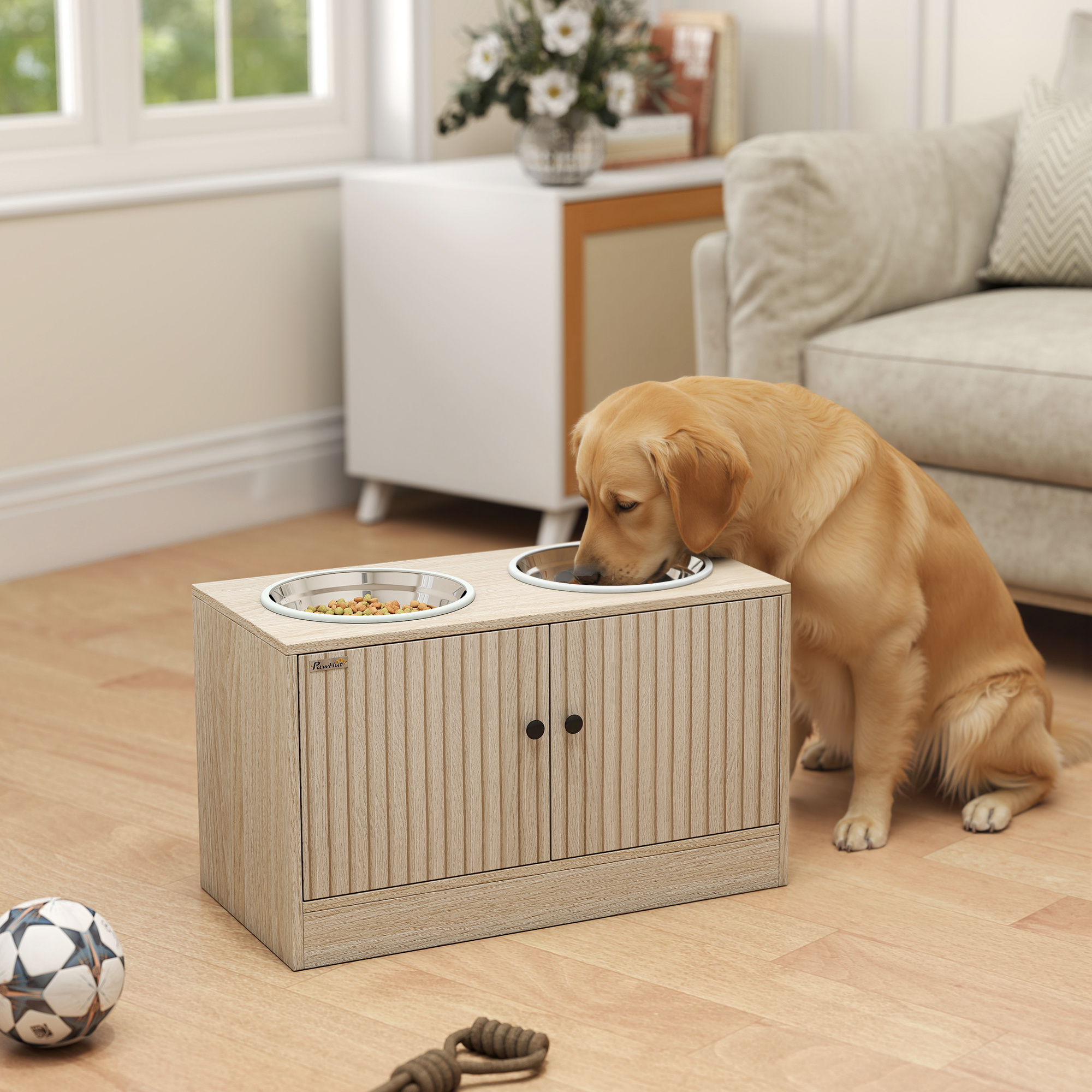 Image of Dog Bowl Elevated Feeder With Storage Cabinet, 2x2l Bowls With Anti-slip Rings, Non-slip Feeding Station With Slow Feeder Mat For Large Dogs Oak