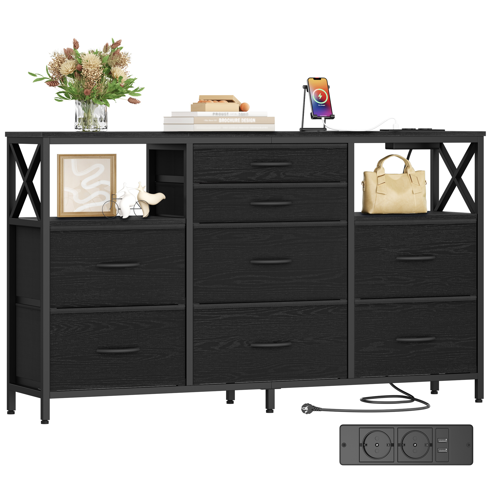 TEMU Cómoda de 140 cm, 2 puertos USB y 2 puertos CA, mueble de almacenaje de tela con 8 cajones, mueble multifuncional para dormitorio y salón, 30 x