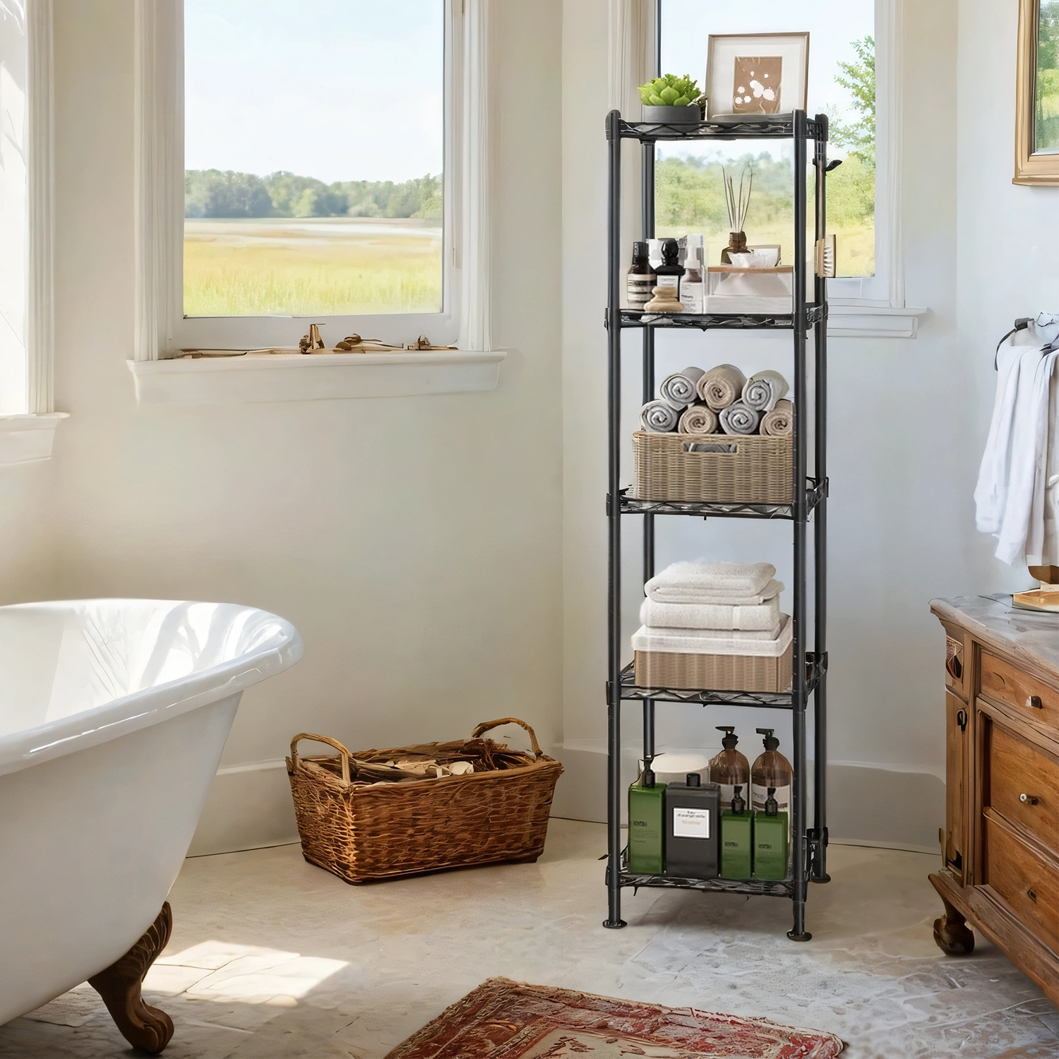 TEMU Scaffale da Bagno in Metallo Resistente con 5 Ripiani in PP, Portata 100 kg, Ganci Rimovibili, Design Espandibile , 30 x 30 x 123,5 cm