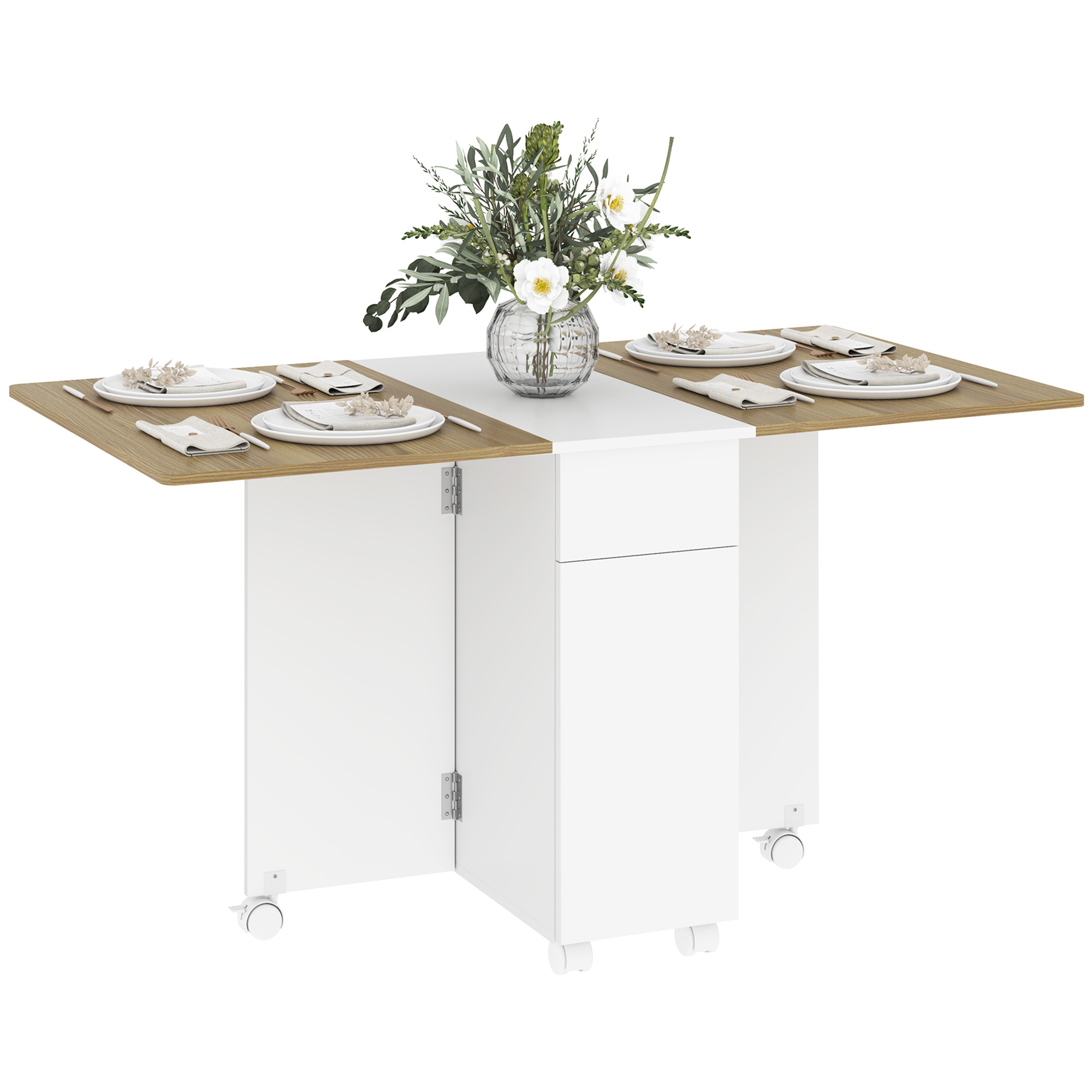 TEMU Table à manger pliante sur roulettes, table de cuisine pour 6 personnes avec 2 abattants, 2 tiroirs et 2 , pour espaces, 140 x 76 x 74 cm, blanc