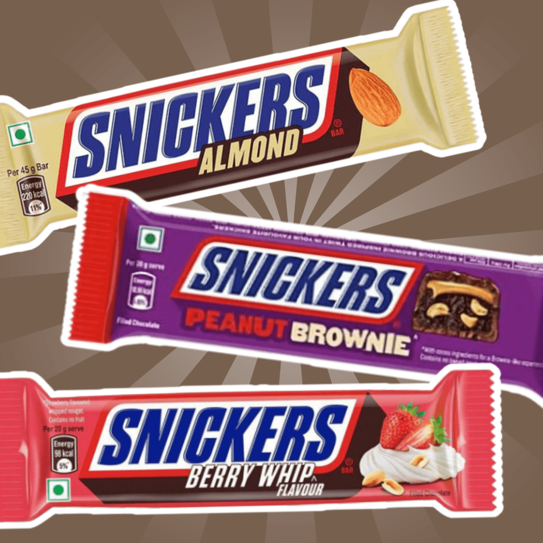 3 × 45g Snickers Chocolate Bars | Random Selection From 4 Varieties: Almond / Peanut Brownie / Butterscotch / Berry Whip