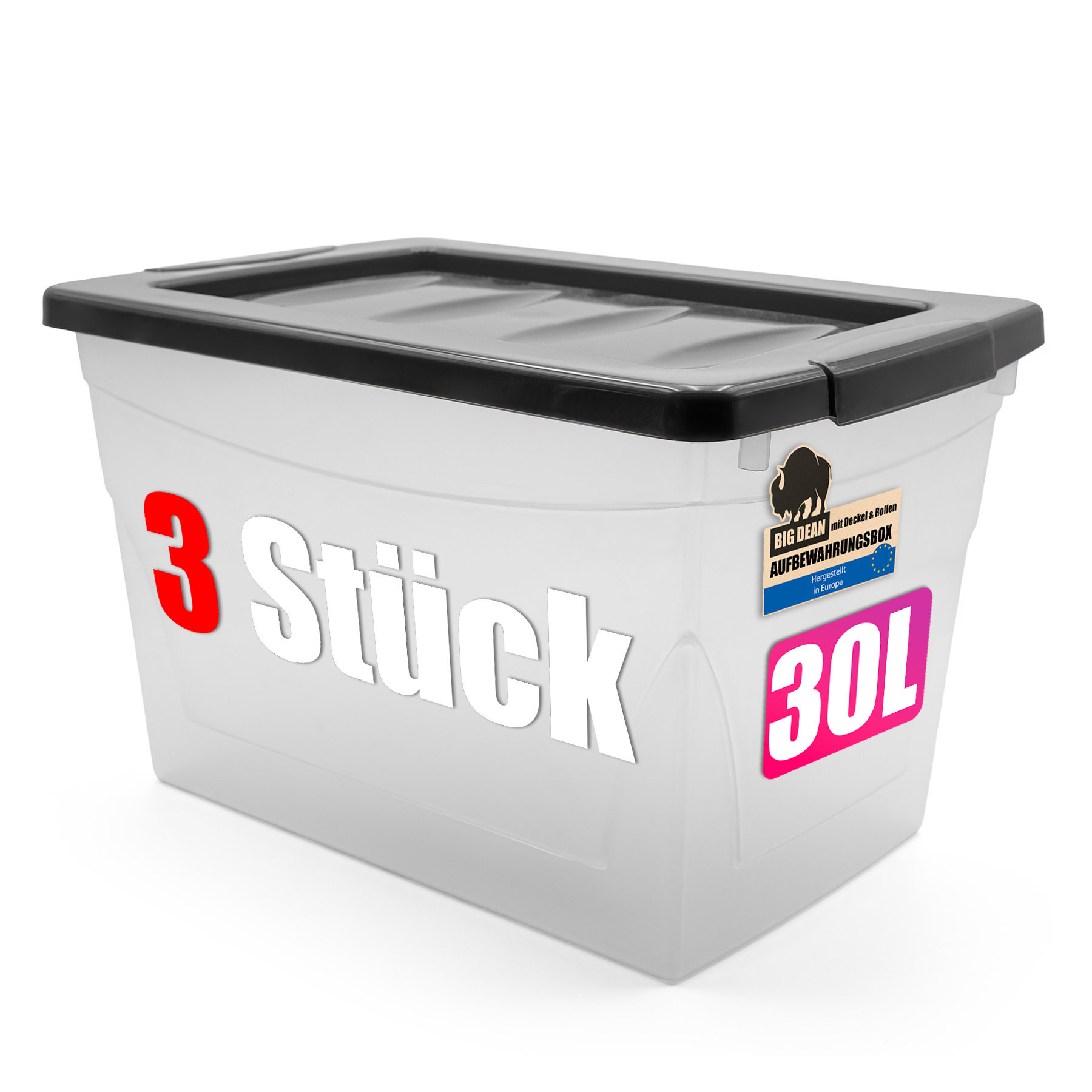 Image of Bigdean 3x 30l Storage Box With Lid, Plastic Storage Containers