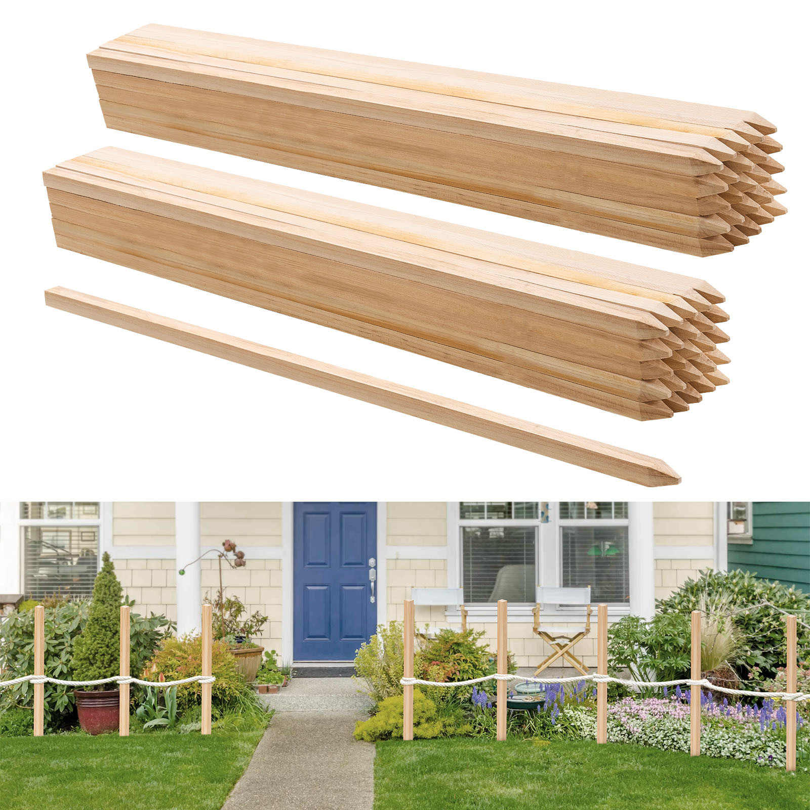 Image of Vevor Wooden Garden Stakes, 50pcs 19.05×19.05×914.4 Mm Survey Grading Stakes, Garden With , Fir Wood Plant Support Stake, Sign Posts For Fence Yard Boundaries Baselines