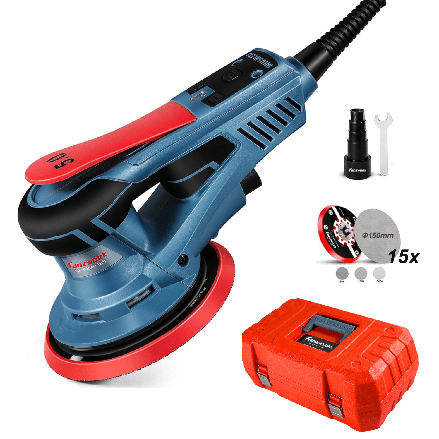 E-shop Elektrischer bürstenloser Exzenterschleifer 5mm Schleifhub mit 150mm Schleifteller Klett. 350W EC-Motor, inkl. 15x Schleifpapier, 1x