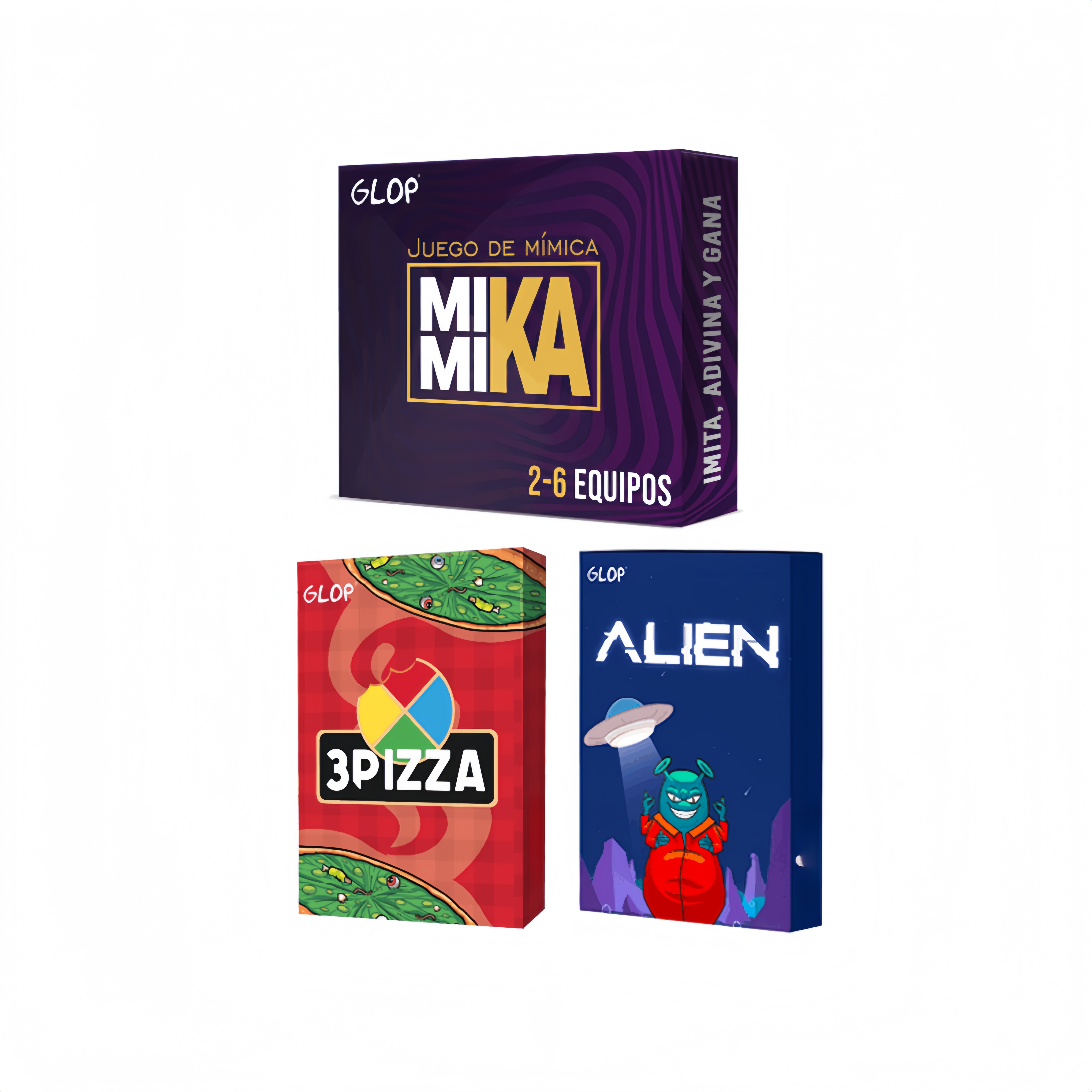 Pack 3 Juegos de Mesa Glop: Mimika + 3Pizza + Alien – Juegos de Cartas Divertidos y Fác...
