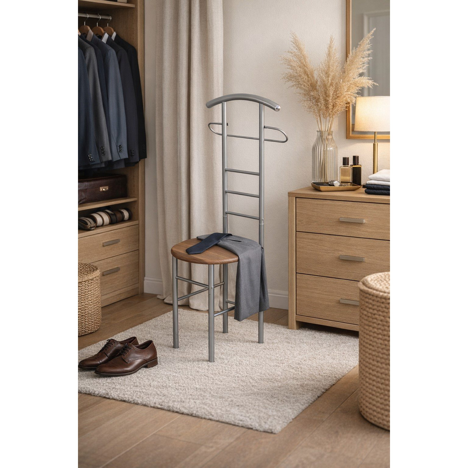 Valet With Seat - Wardrobe Butler With Jacket & Shirt Holder, Trouser Stand, In Aluminum Color, Seat In Walnut Optic, Modern For The Bedroom