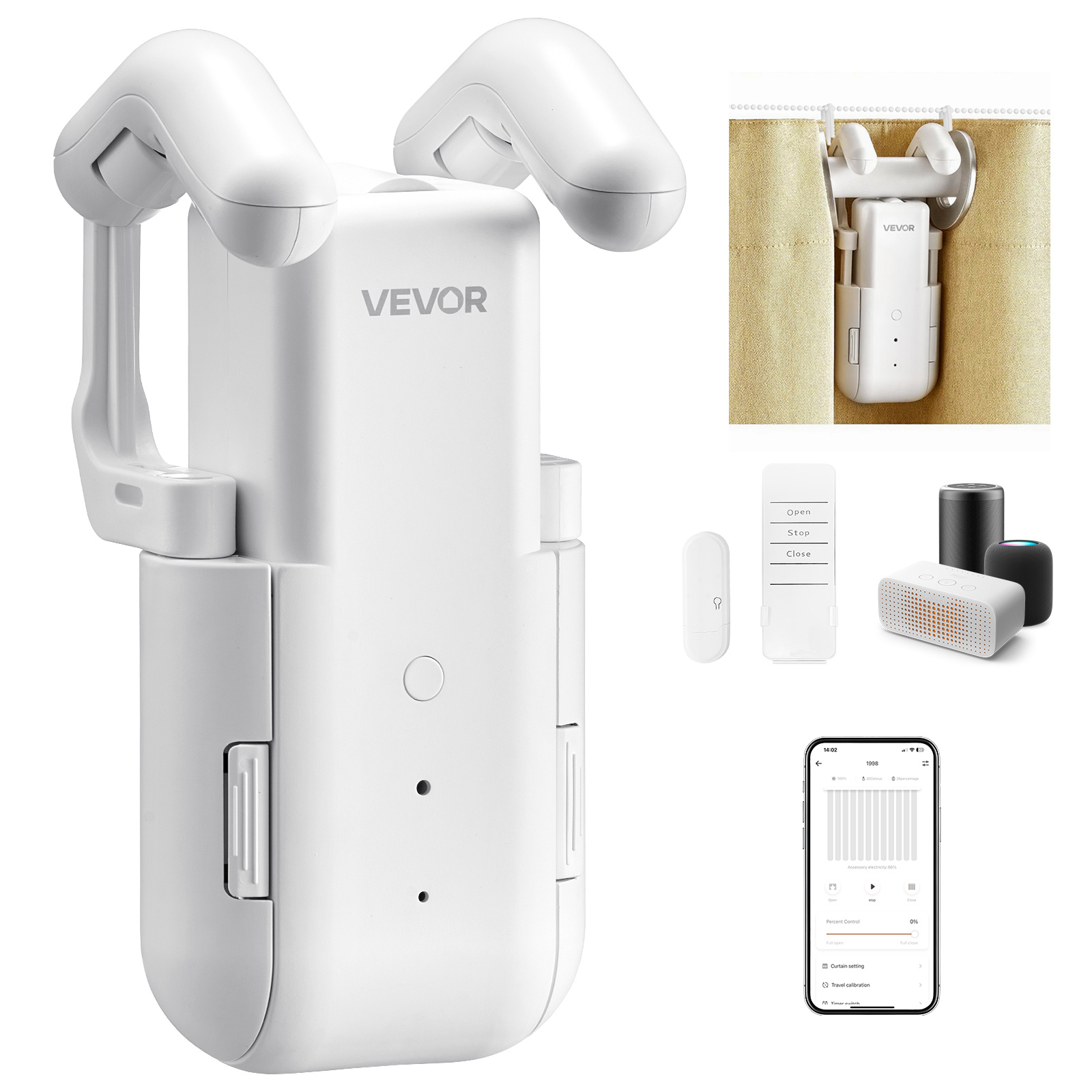 VEVOR Deschizător Automat de Perdele, Control prin Aplicație și Telecomandă, Hub Inclus, Deschizător Electric Inteligent Compatibil cu Alexa și Google Home, Deschidere și Închidere Programată, Mod Silențios, pentru Tije Romane
