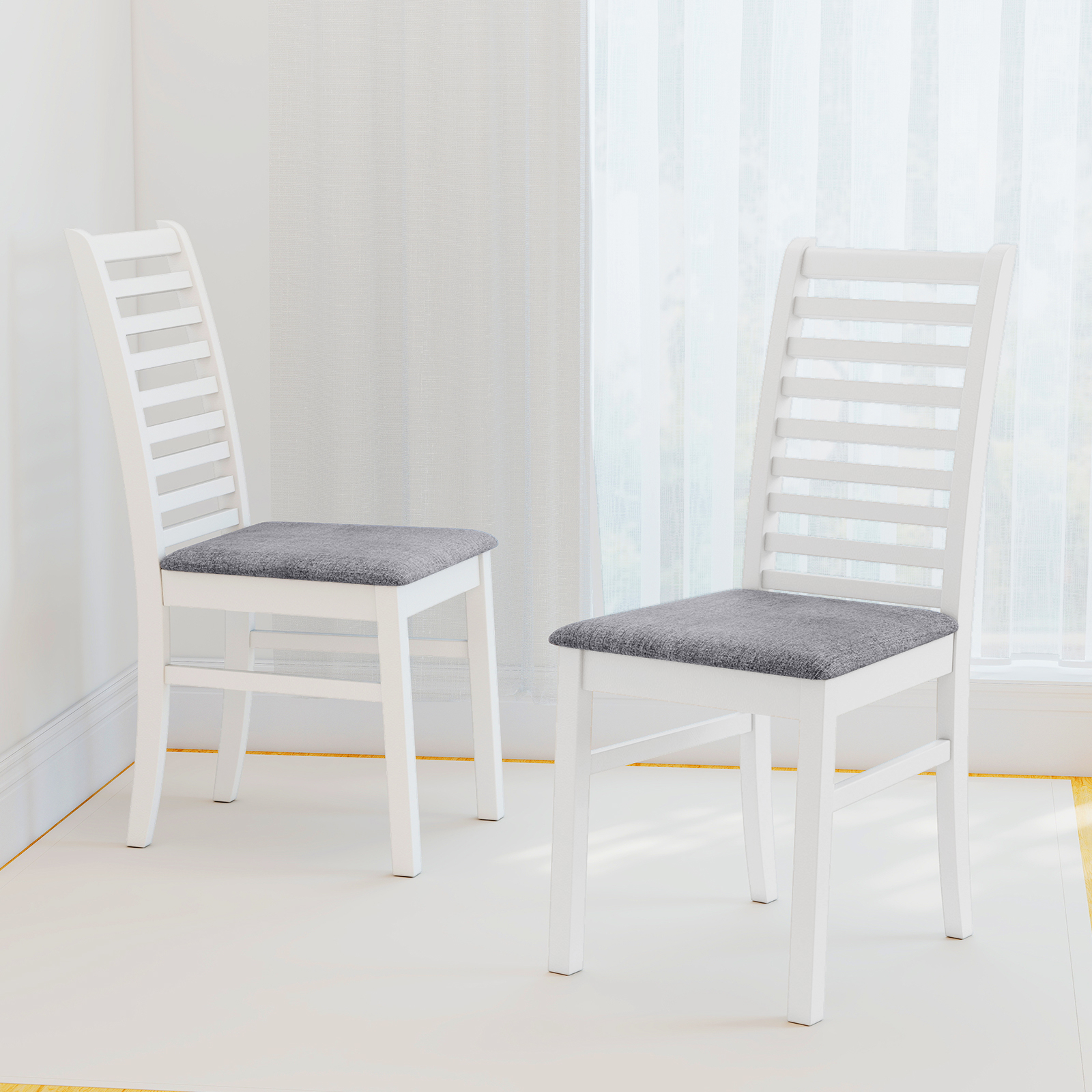 Image of Modern Dining Chair Set Of 2, Wooden Upholstered Kitchen Chair With Rubber Wood Legs, High Slatted Backrest