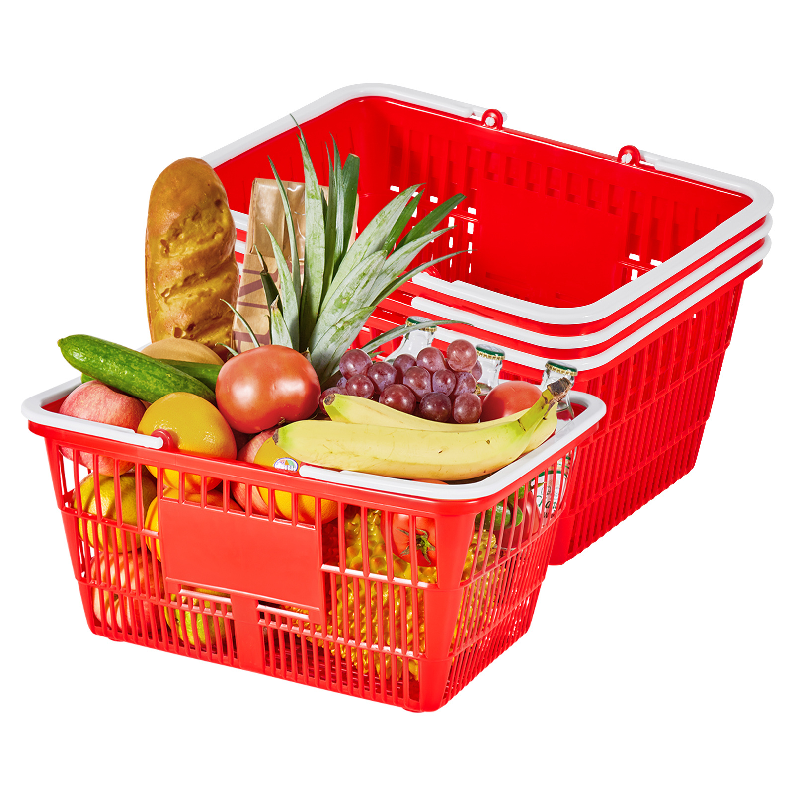 Vevor Shopping Baskets, 4 Pcs, 21l Stackable Pe Plastic Grocery Baskets With Handles, Dense Mesh Structure, To 9.07kg, Portable For Grocery, Retail, Stores, Supermarket, Home Use, Red