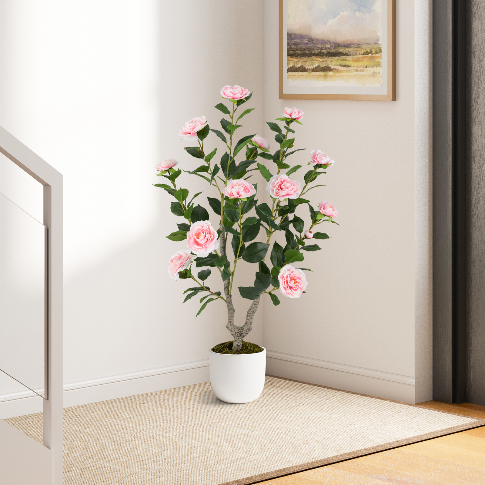36" Artificial Camellia Tree, Faux Flower Plant With 16 Pink Fabric, Solid Wood Trunk, Realistic Moss