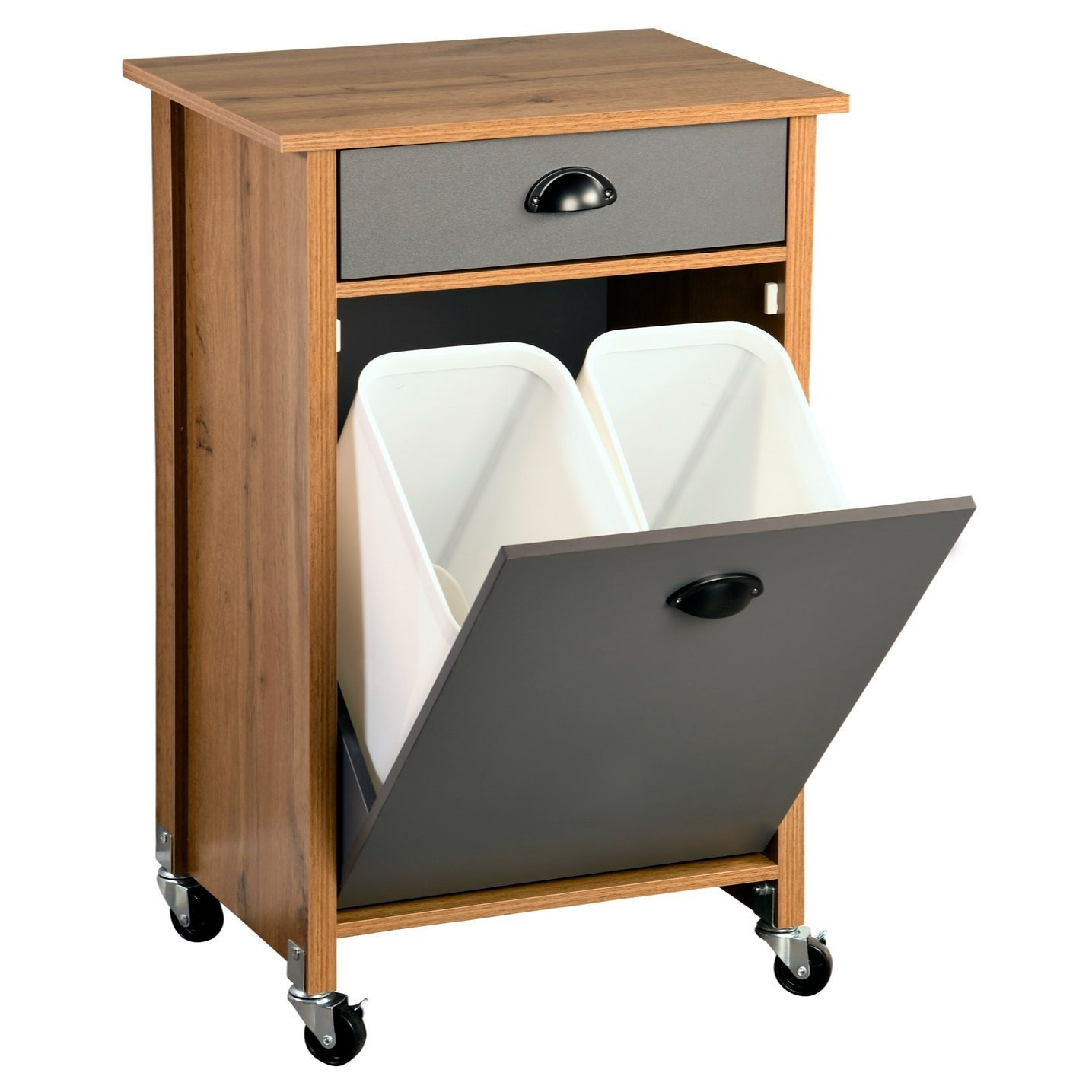 Image of Kitchen Cart With Waste System Kesper Transport Cart With 2 Trash Cans Mobile Kitchen Cabinet With Drawer Storage Cart Waste 2 Trash Cans / Waste Bins For Waste Waste Bin Paper Basket