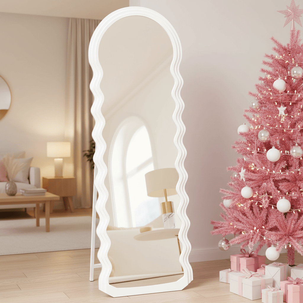 E-shop Ganzkörperspiegel, 160 x 50 cm, Standspiegel, wellenförmiges Design, mit Ständer, freistehend, MDF-Rahmen, für Schlafzimmer, Wohnzimmer,