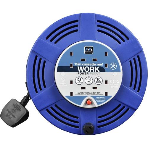 four socket cassette cable reel long 15 metres length blue