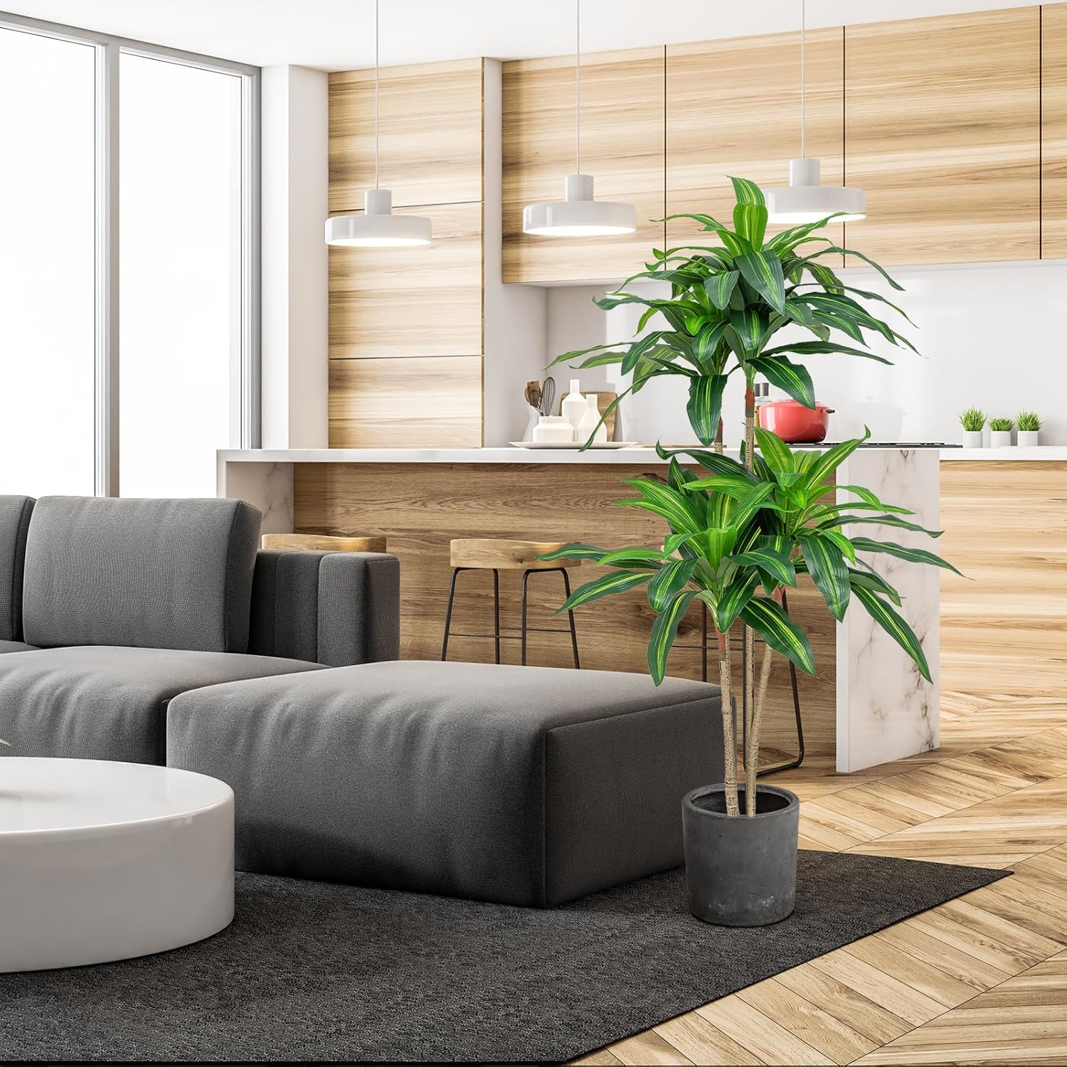 140 Cm Tall Artificial Tree, Artificial Dracaena Plant With 92 Leaves And Integrated Cement Pot, No Maintenance Required