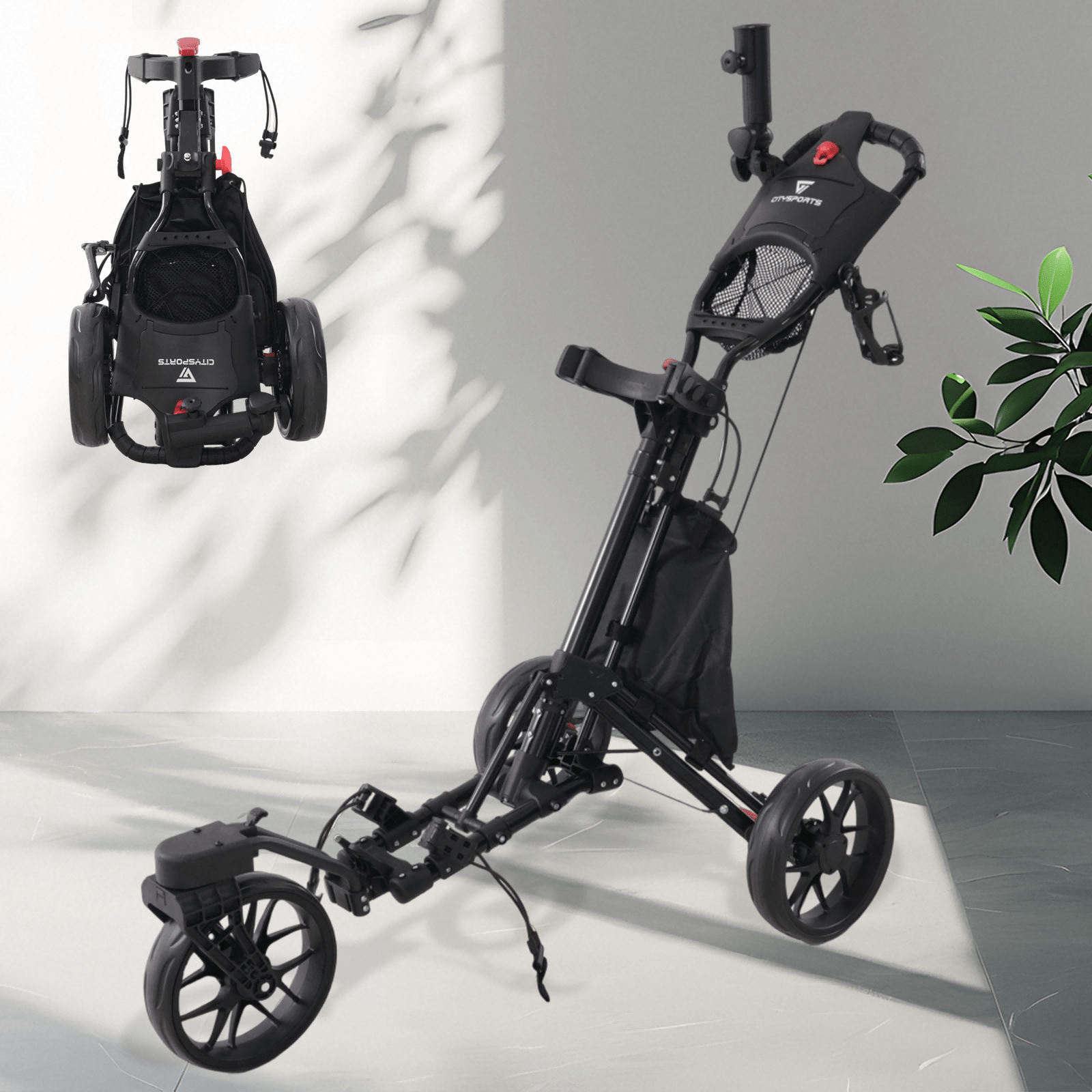 Image of Citysports Pro Golf Cart, Folding Golf Trolley With Foot Brake, 3-wheel System With Swivel Wheel, Adjustable Handle & Holder For Umbrella, Cups, Phoneeasy To Fold
