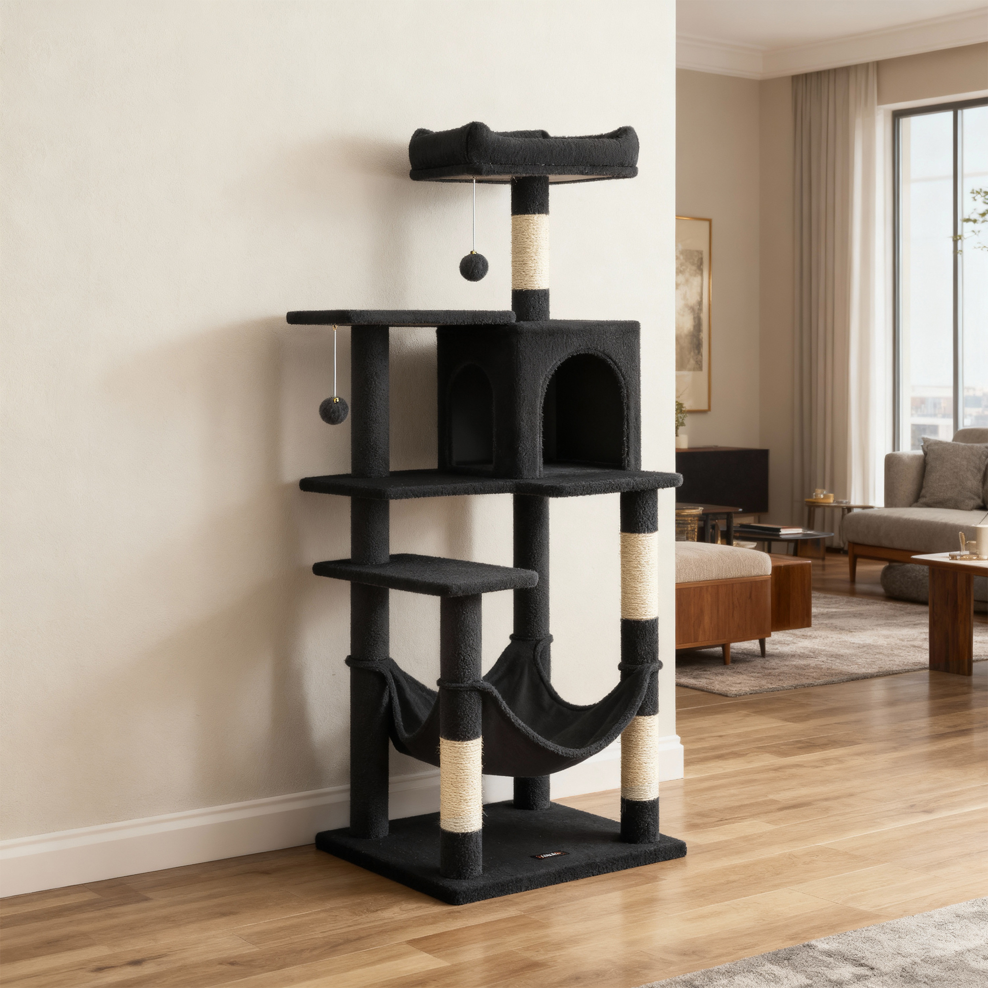 Slim Cat Tower, 143 Cm Height With Hammock, Multiple Platforms, Claw Sharpener, 15 Kg Weight Capacity, Suitable For Large Cats, Natural Sisal Rope, Elegant Design