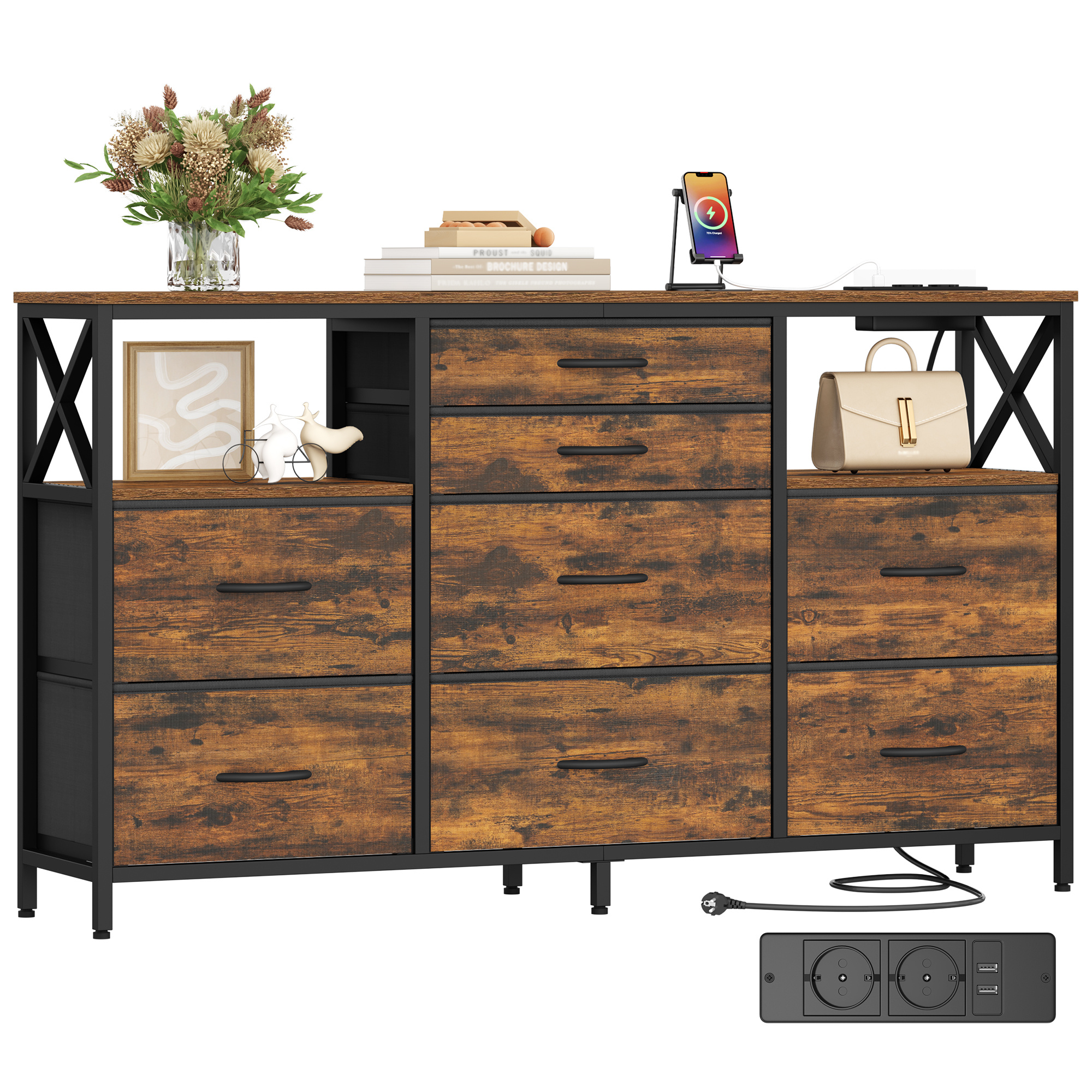 TEMU Cómoda de 140 cm, 2 puertos USB y 2 puertos CA, mueble de almacenaje de tela con 8 cajones, mueble multifuncional para dormitorio y salón, 30 x