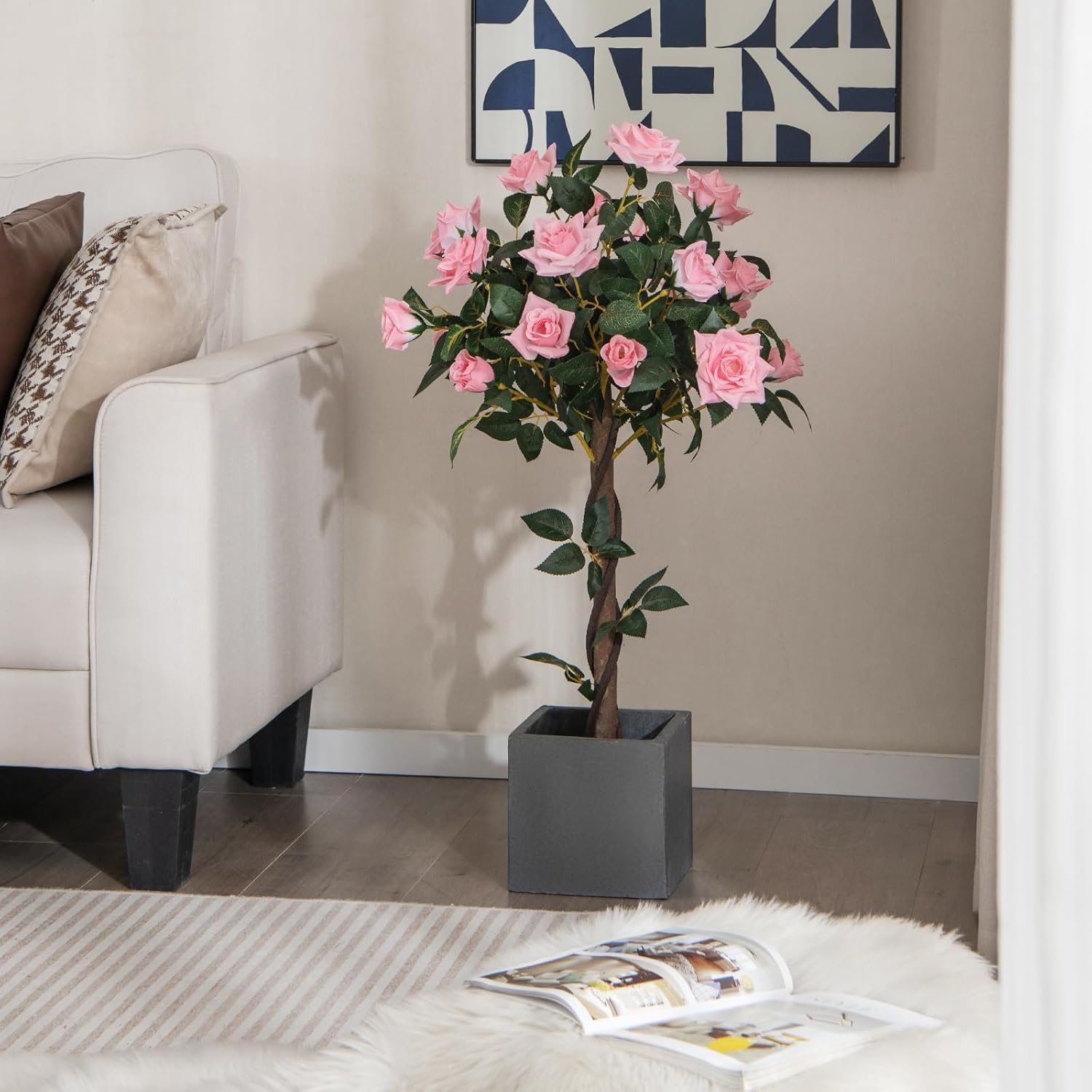 93 Cm Artificial Rose Tree, Rose Bouquet With 21 Pink Flowers, 259 Polyester Leaves And Stem