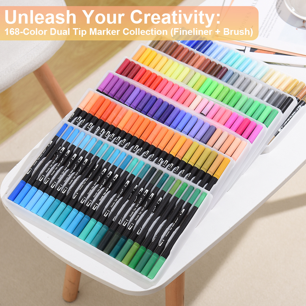 TEMU 168 Double Tip Brush Pens Art Markers, Artist Fine & Brush Pen Coloring Markers For Adult/child Book Cards Drawing Craft Kit Teacher/student