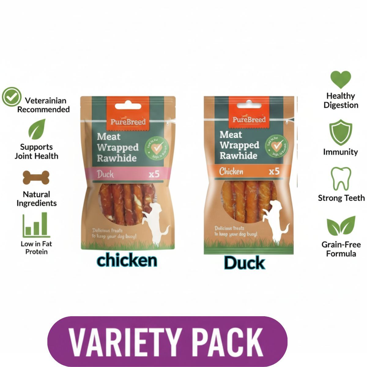 TEMU 2 Packs Of Meat Wrapped Rawhide Dog Treats - Duck And Chicken Chews For Dogs, High-protein And Low-fat, Promotes Healthy Teeth, Great For