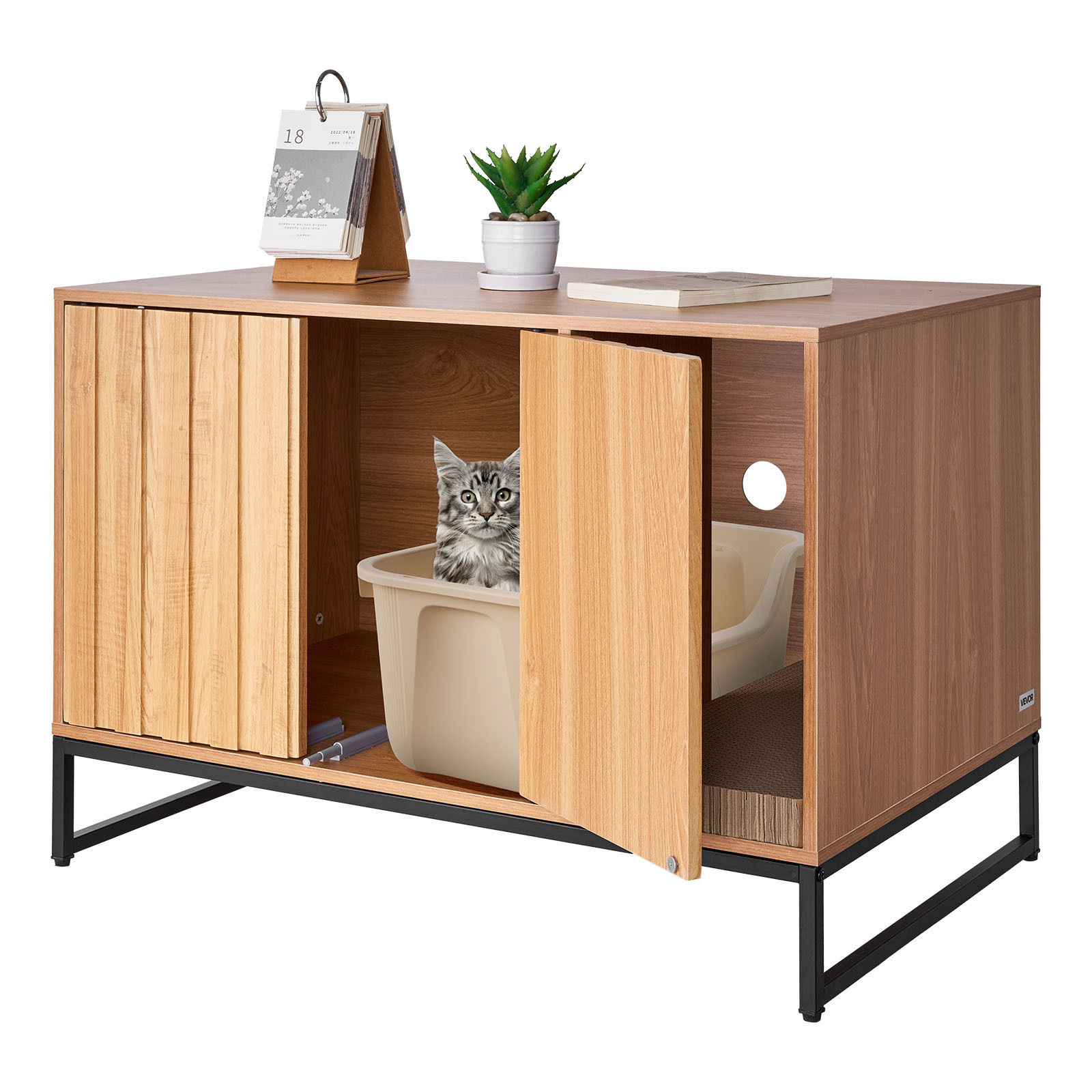 TEMU VEVOR Boîte à Litière pour Chat avec Meuble d'Enclos, 80 cm Armoire pour Litière avec Coussin Anti-Griffure & Rangement, Table d'Éveil