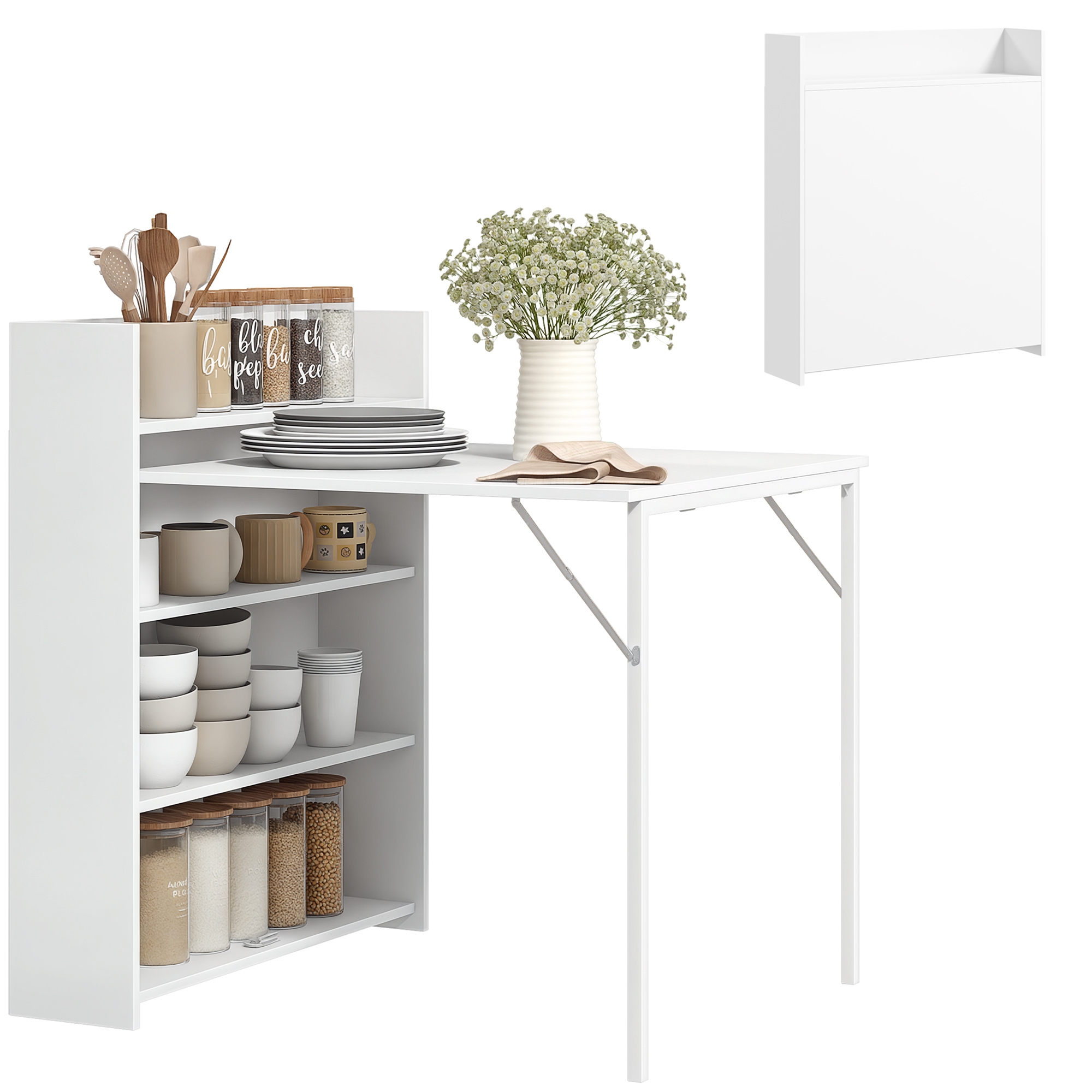 Image of Homcom Folding Dining Table, Kitchen People With Drop-leaf Top And 4 Storage Shelves, Steel Legs, For Small Spaces, 78.5 X 91 X 93 Cm, White