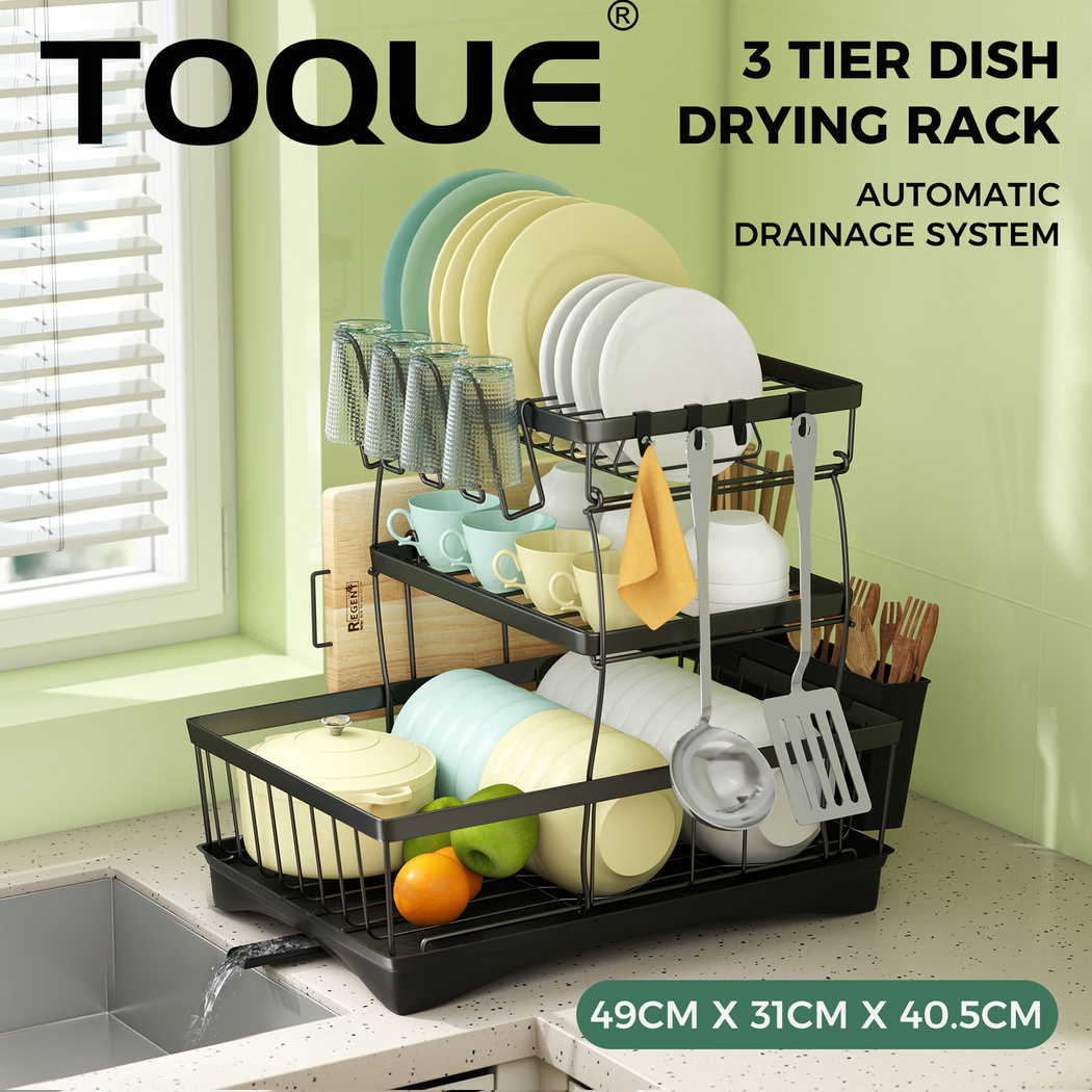 TEMU Toque Dish Drying Drainer Rack 3 Tier With Drip Tray Plate Cup Cutlery Holder 43cm X 31cm X 40.5cm