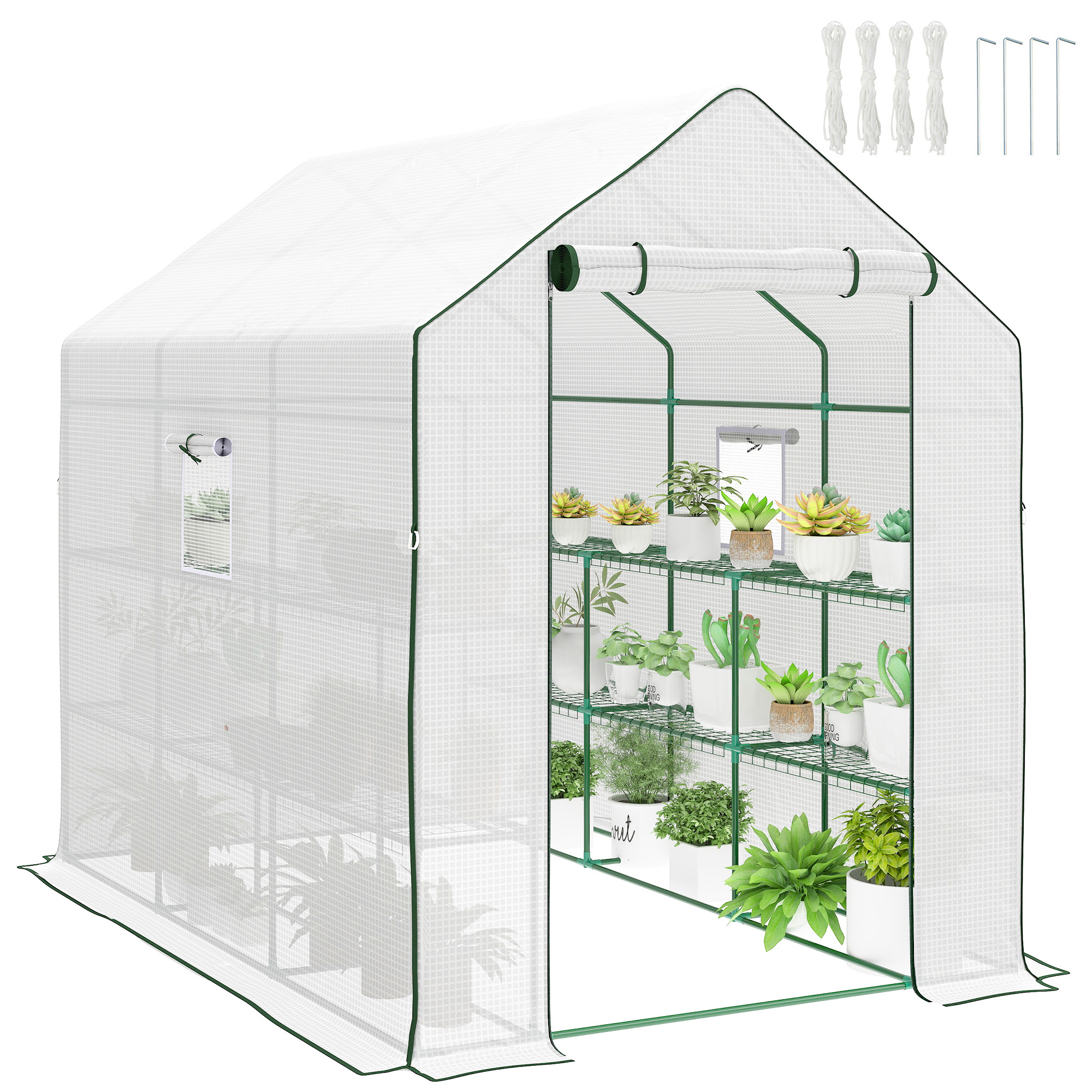TEMU Outsunny Invernadero de Jardín de 3 Niveles, Invernadero de Exterior con 12 Estantes, Puerta Enrollable, Ventanas, Anti-UV, Cubierta de PE