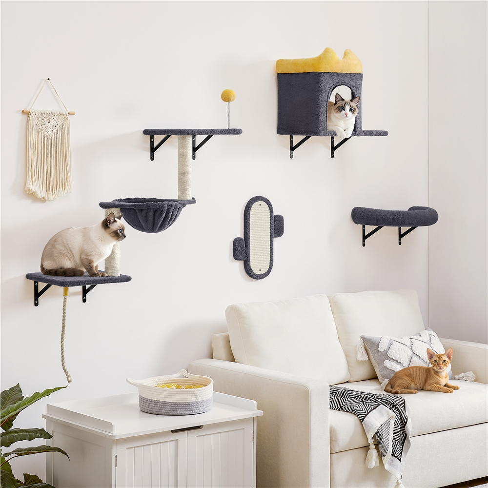 Image of Costoffs 4-in-1 Cat Wall Shelves, Wall-mounted Modular Combineable Cat Furniture Set With Cat Cave & Cat Lounger & Platforms & Scratching Board & Cat Basket
