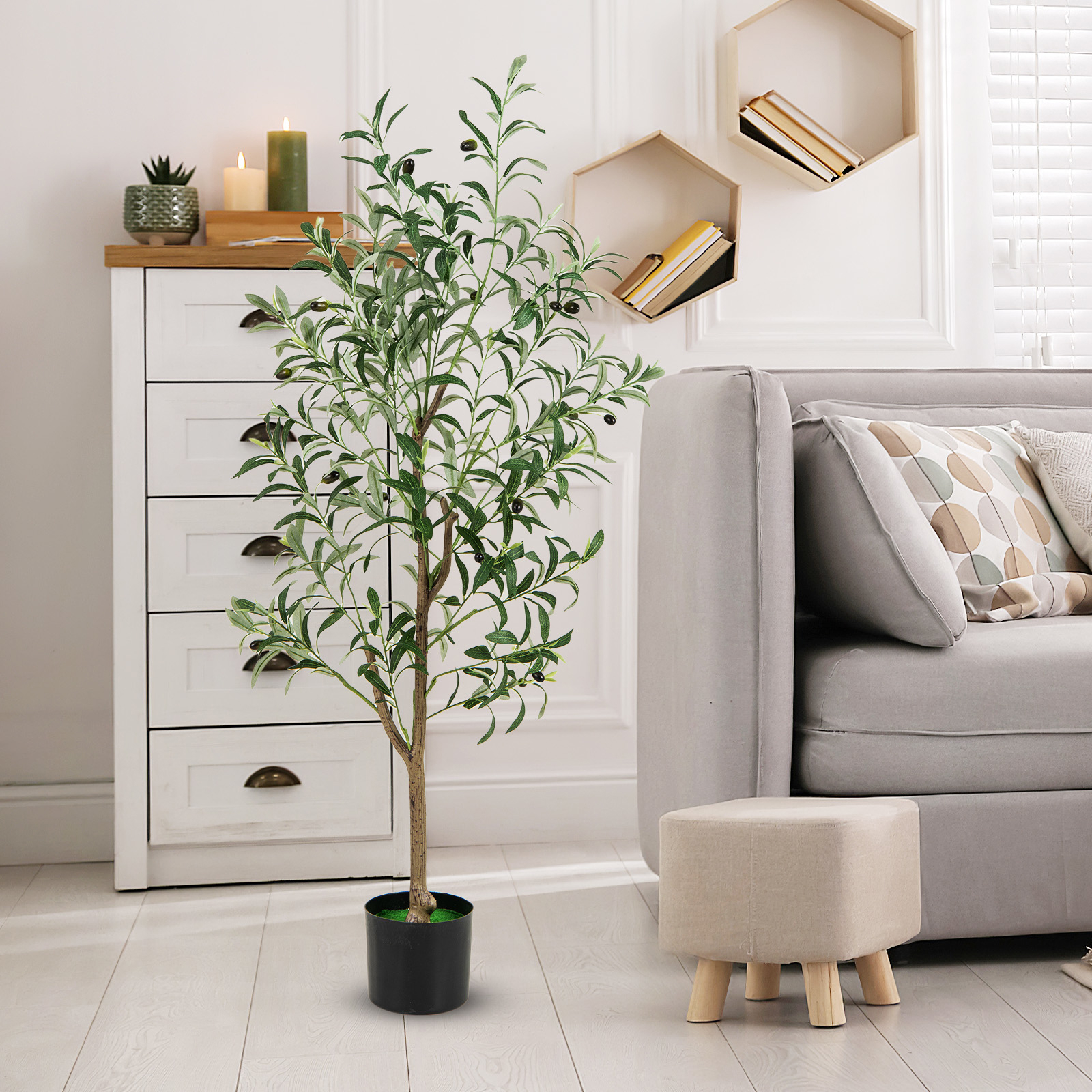 Artificial Olive Tree, 130 Cm Tall Fake Olive Plant In Pot, Realistic Indoor Plants With Moldable Branches And Realistic Fruits