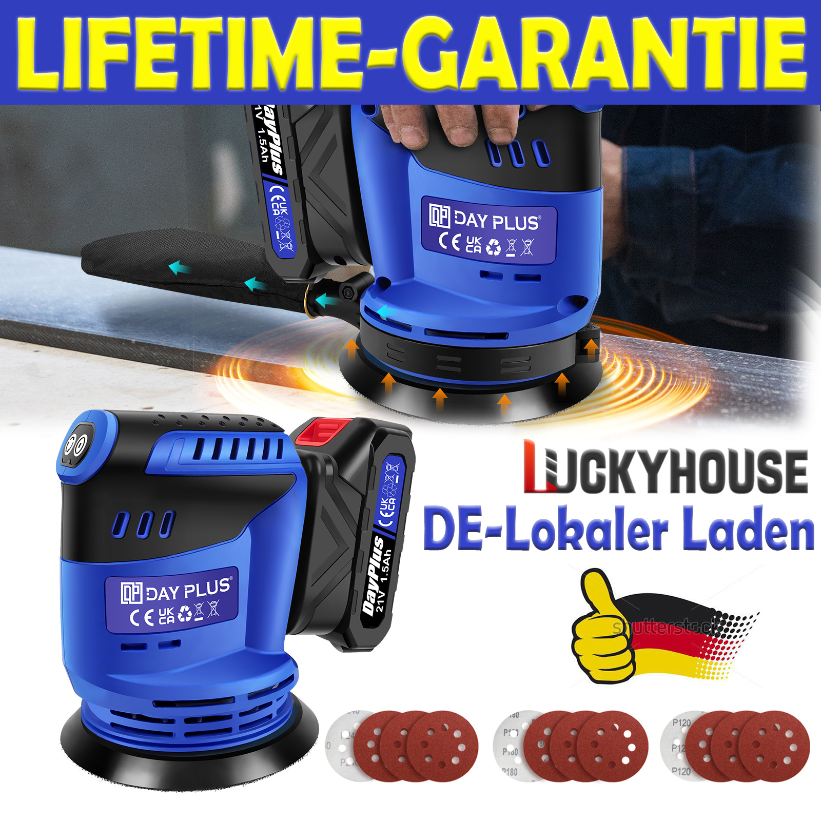 E-shop 5" 21V 650W Akku-Schwingschleifer mit Akku und Schnellladgerät, bürstenloser Motor Kreisschleifer 5-Zoll-Schwingschleifer mit Staubbeutel und