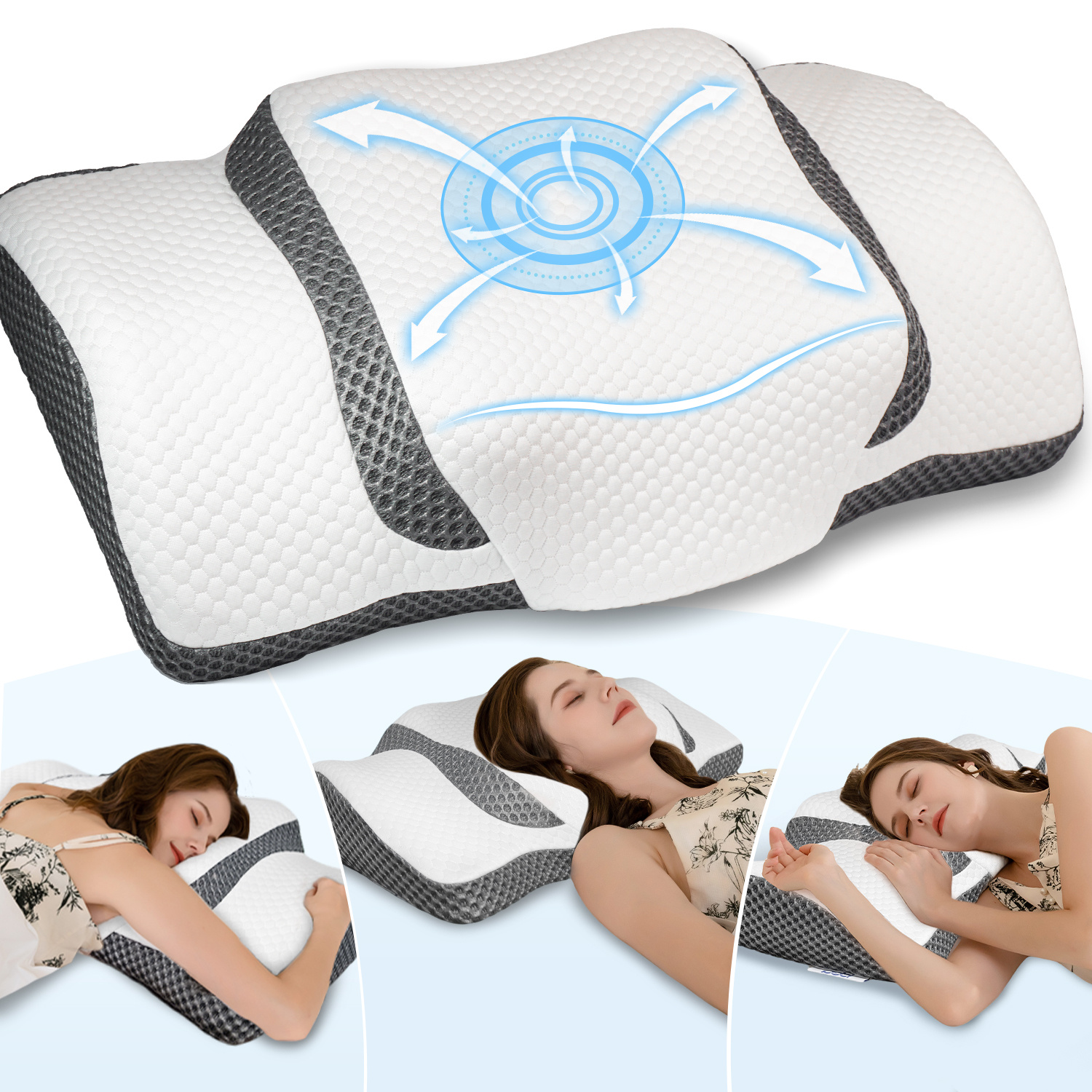 Image of Memory Foam Pillow, Ergonomic Pillow, Neck Pillow For Side, Back & Stomach Sleepers, Neck Pillow For Men, Women (67.3 X 38.2 X 13.8/3cm)