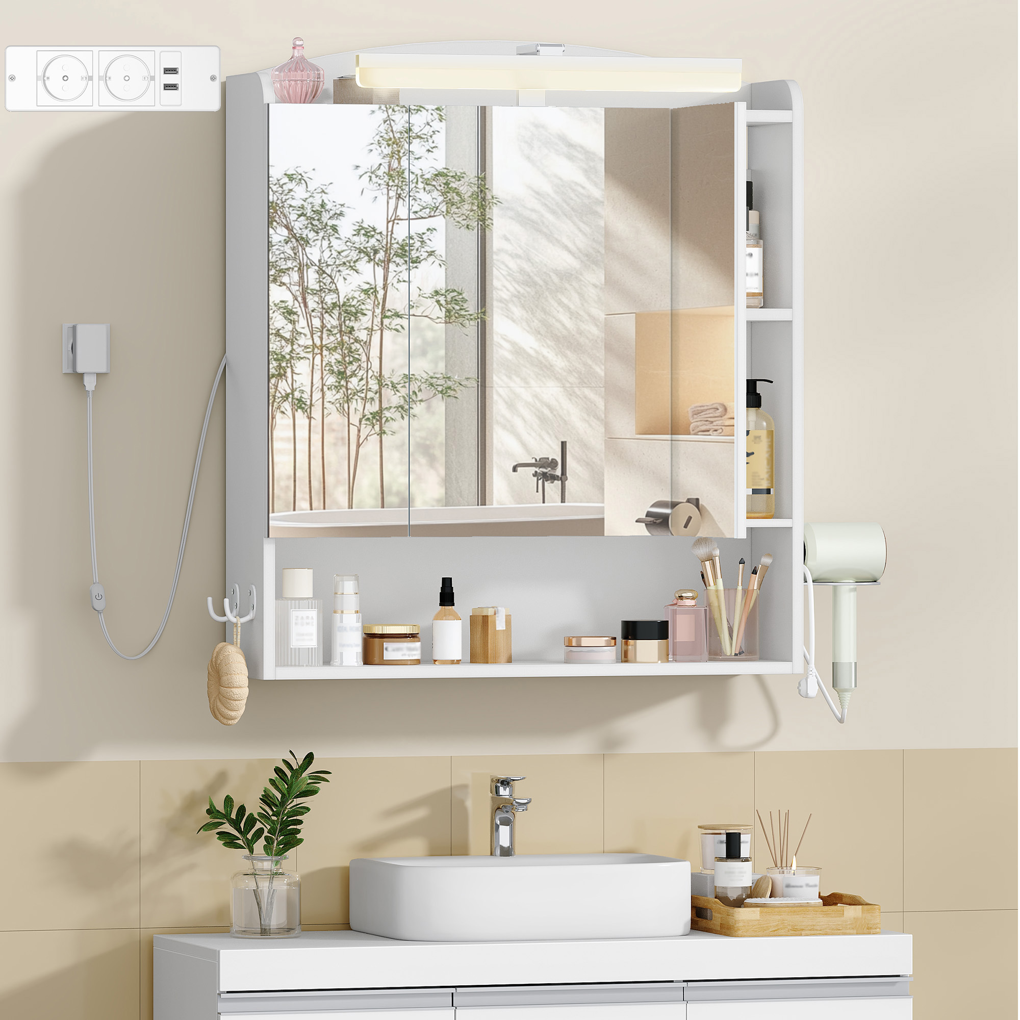 TEMU Specchio Bagno Contenitore, Mobiletto a Specchio con LED, Porta Asciugacapelli e Ganci, Interruttore e Spina, Ripiani Regolabili, 16,5 x 70 x 80