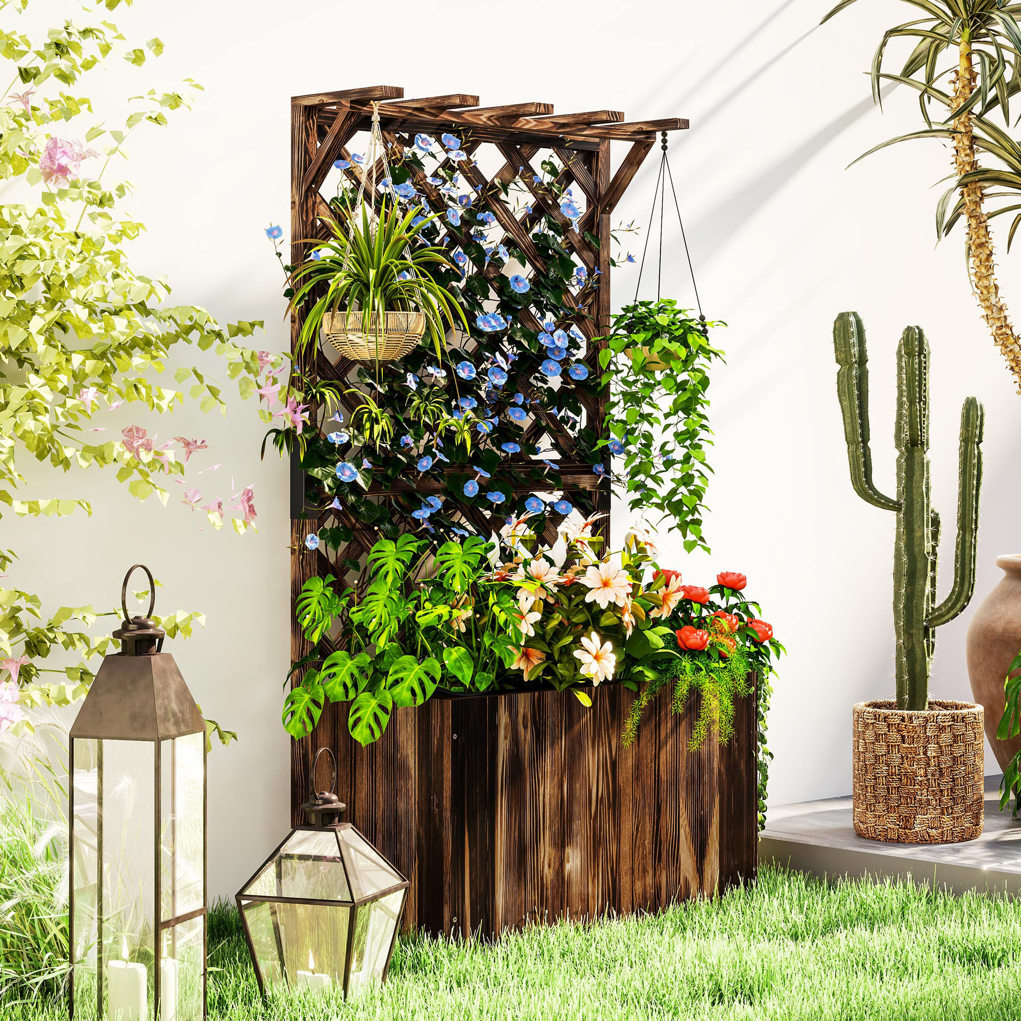 Image of Raised Garden Bed Planter Box With Trellis Roof, Plant Pot, Flower Box, Wooden Garden Trellis 64 X 33 X 122cm For Garden, Balcony, Terrace, Planter For Climbing Plants, Basket Plants, Flowers