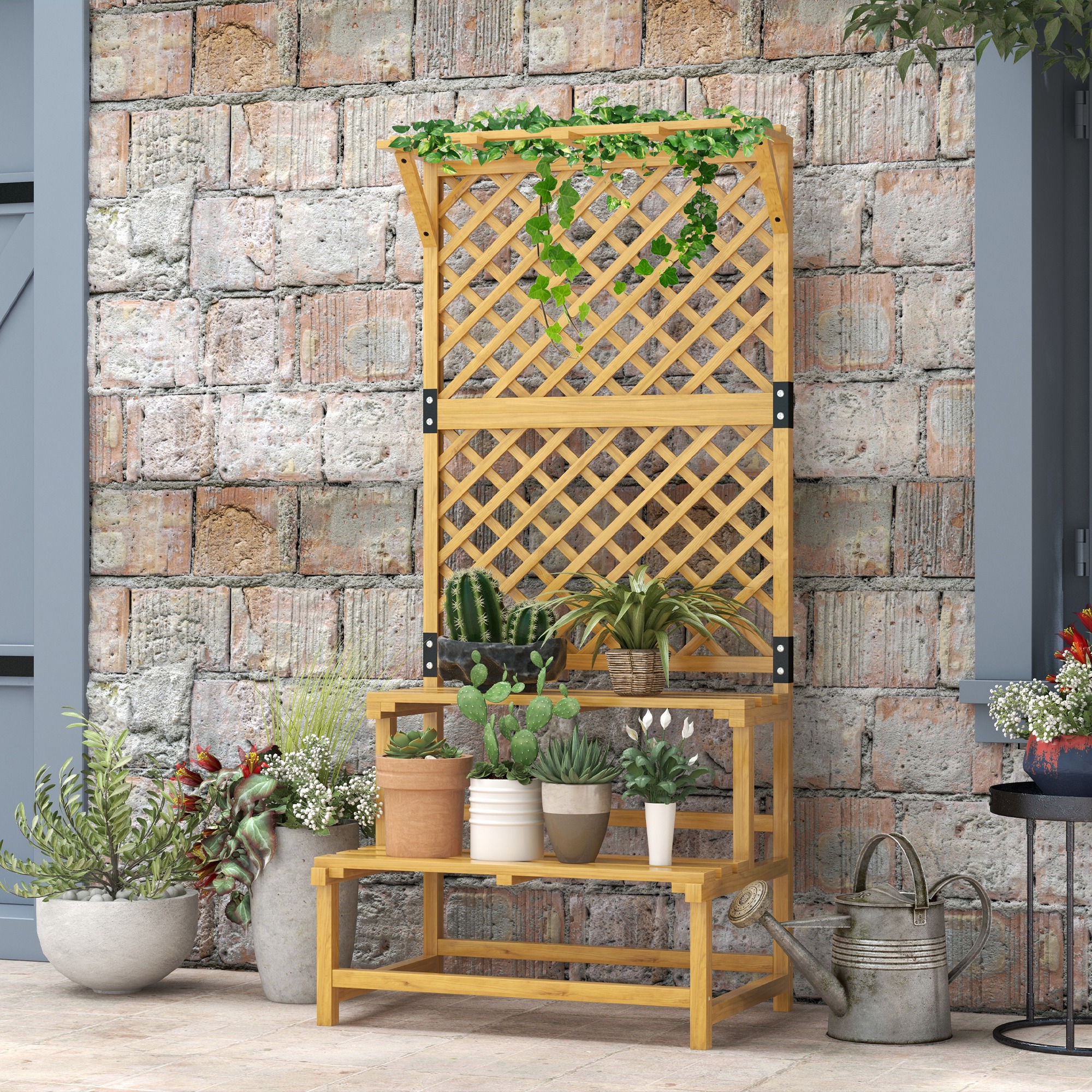 Image of Flower Staircase With Handrail, 2 Steps, Roof, Planter Staircase For Indoor Outdoor, Wooden Flower Stand, Flower Rack For Garden Balcony, 75 X 50 X 166 Cm Yellow