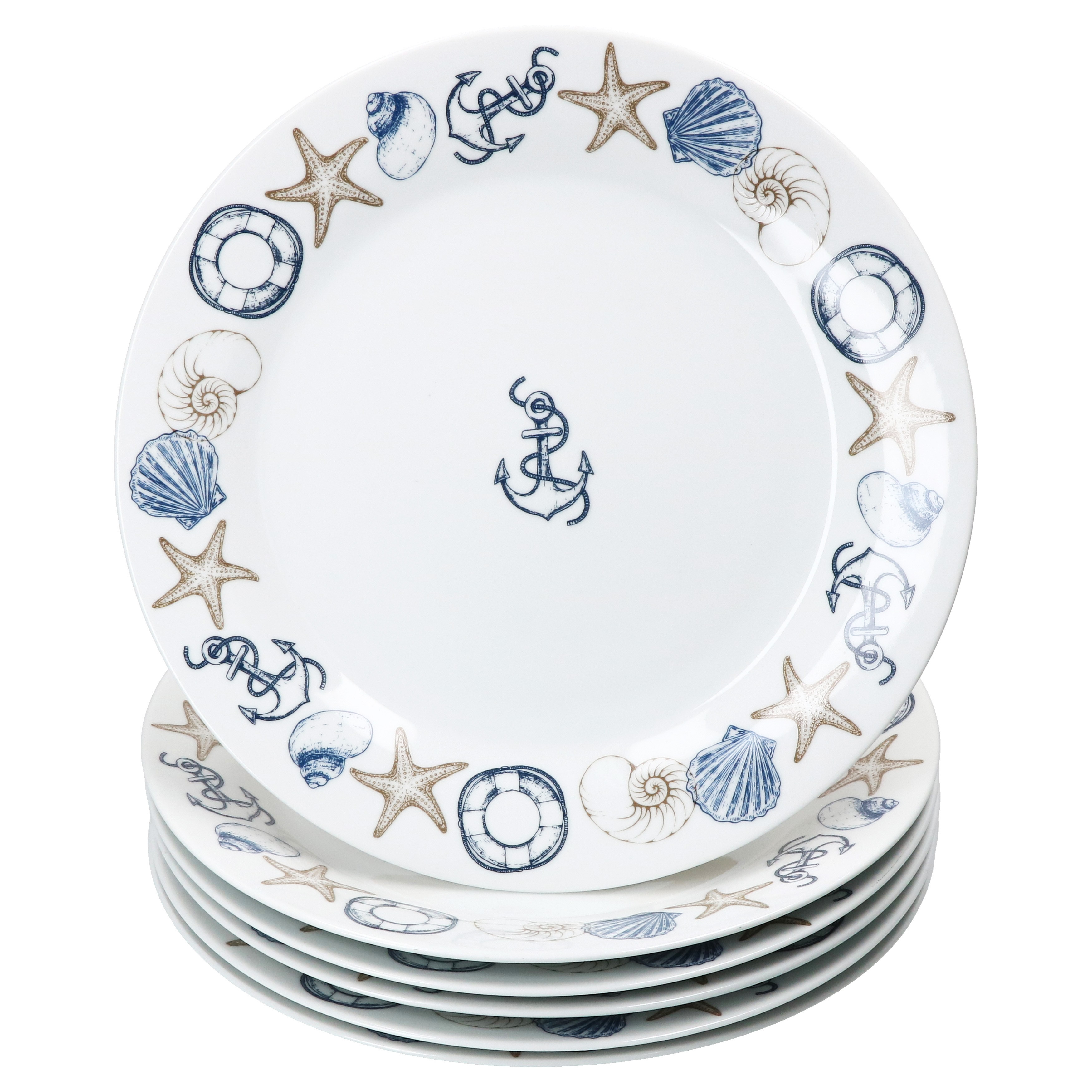 Neptun 6-piece Set Dinner Plates, Maritime Large Porcelain Plates For 6 People, Anchor Design