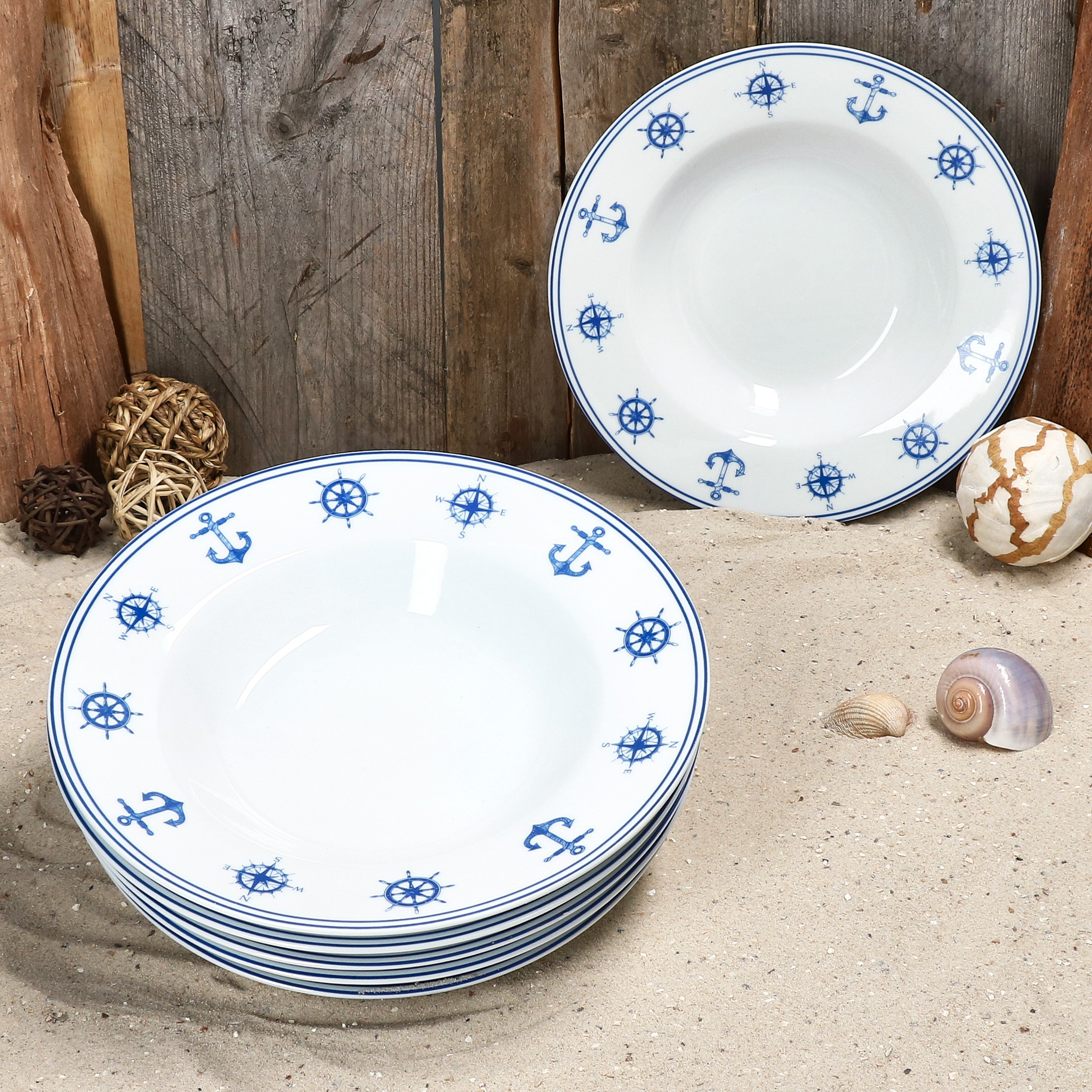 Ahoy 6-piece Set Maritime Soup Plates Deep Plates Porcelain For 6 People Anchor