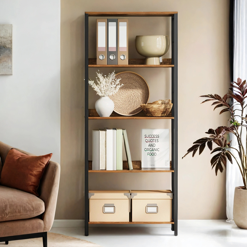 TEMU 5-tier Bookcase, Shelving Unit With Back Panels, Industrial, For Living Room, Study, Home Office, Rustic Brown And Black