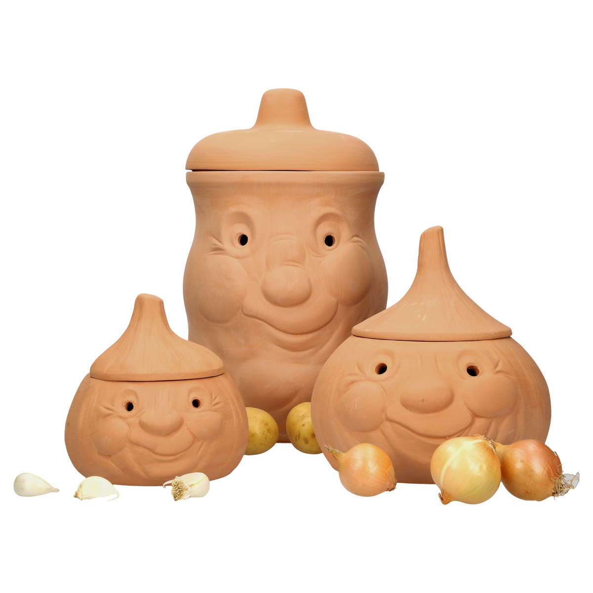 3-piece Terracotta Set: Garlic Pot Knut + Onion Pot Onni + Potato Pot Kar