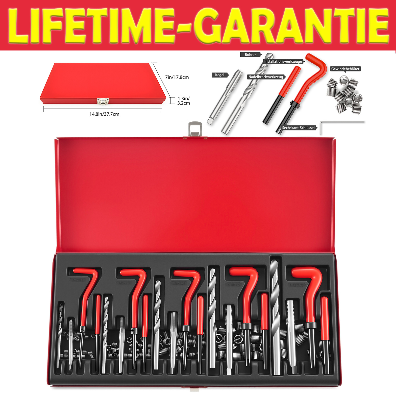 E-shop 131-teiliges -Gewindereparatur-Set - Gewindereparaturwerkzeuge mit HSS-Bohrer Metrisch Set M5 M6 M8 M10 M12 Einsätze Buchsen Gewindeeinsätze,