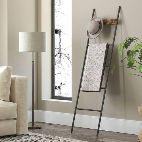 5 tier blanket ladder shelf decorative ladder with 4 removable hooks metal frame industrial style brown and black