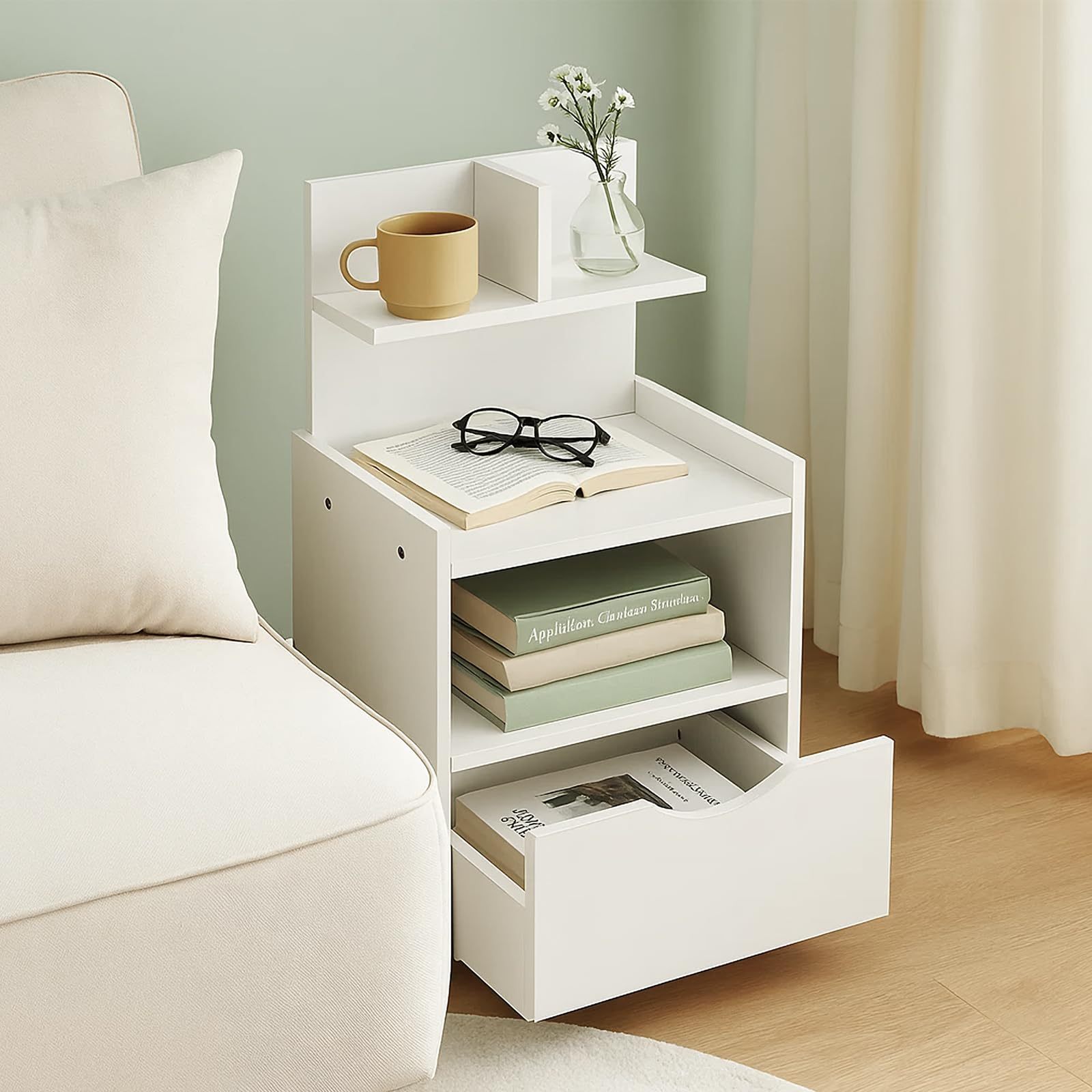 E-shop Beistelltisch mit Schublade, weißer Nachttisch aus Holz, ideal für Schlafzimmer, Wohnzimmer, Flur oder Badezimmer. Stilvoller Nachttisch mit