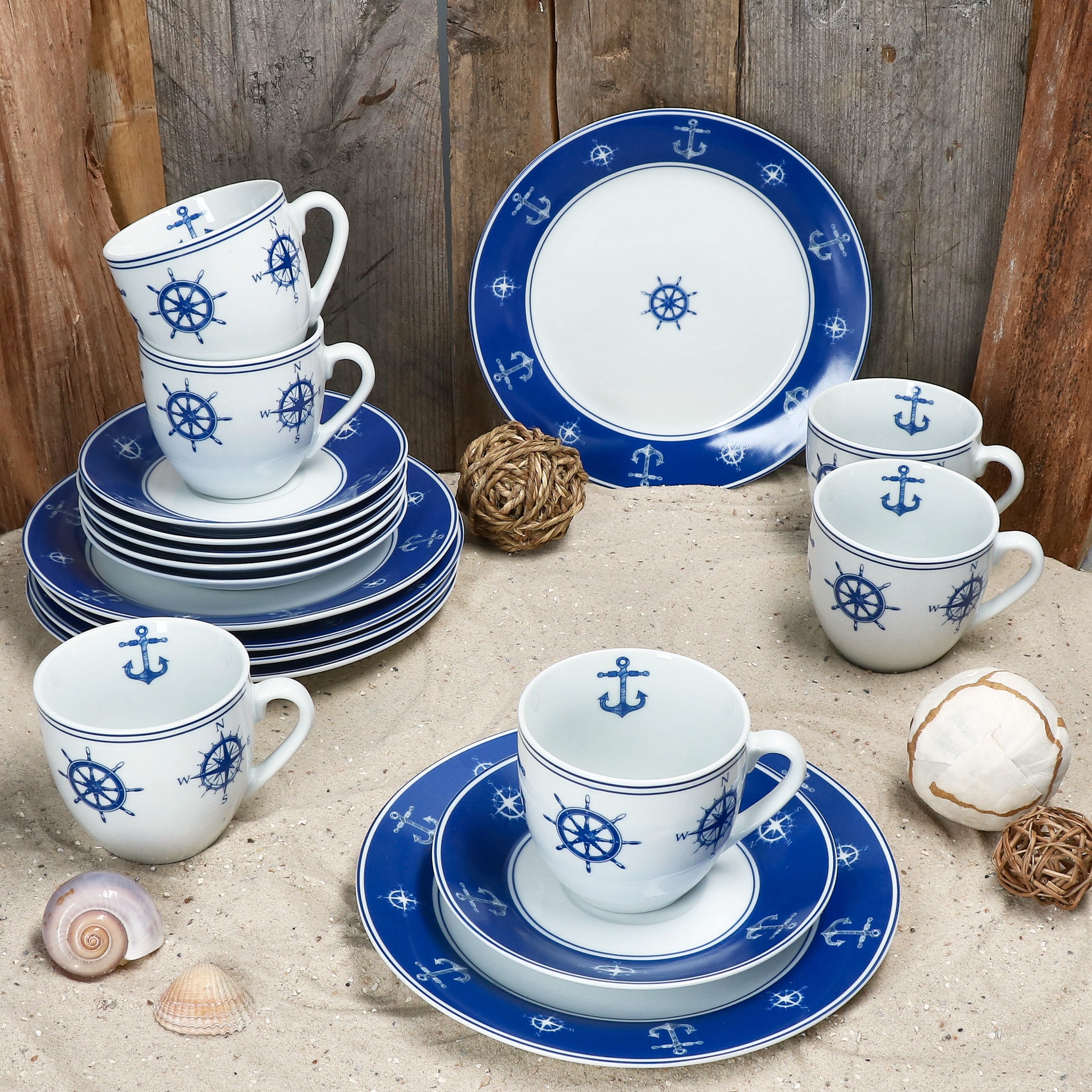 Ahoy 18pcs Blue And White Coffee Set Cup Saucer Plate Anchor