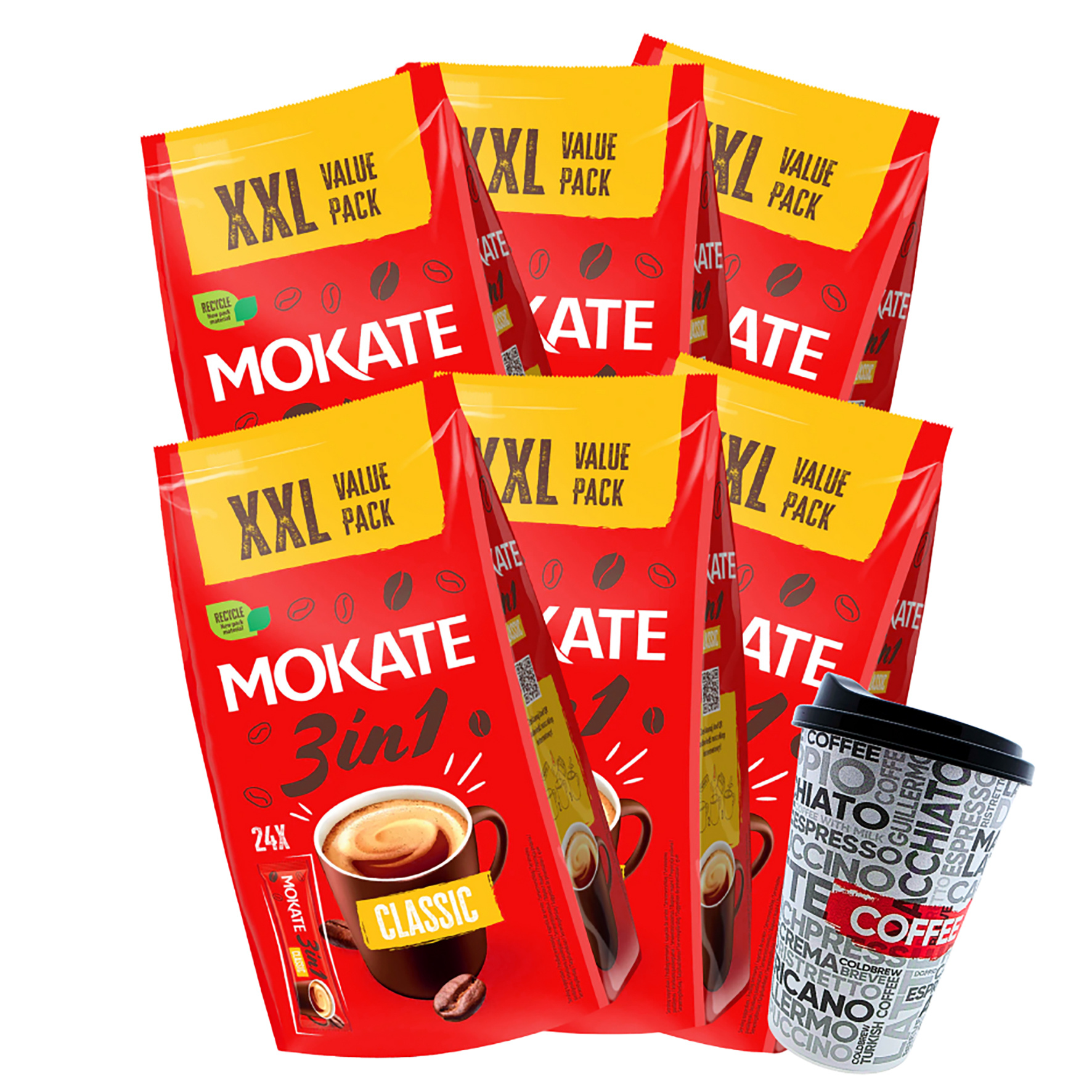 Mokate 3 In 1 Xxl Instant Coffee Classic / 6-pack (6 X 24 Sticks Of 17g) Instant Coffee Beverage Powder Made From Soluble Bean Coffee Including Coffee Cups